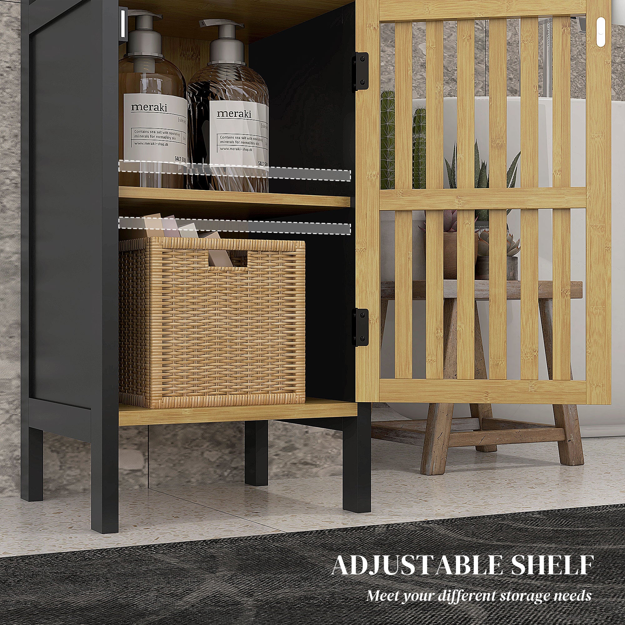 HOMCOM Bamboo-Blend Retro Cut-Out Bathroom Storage Unit, with Cupboard - North Peak Garden Furniture