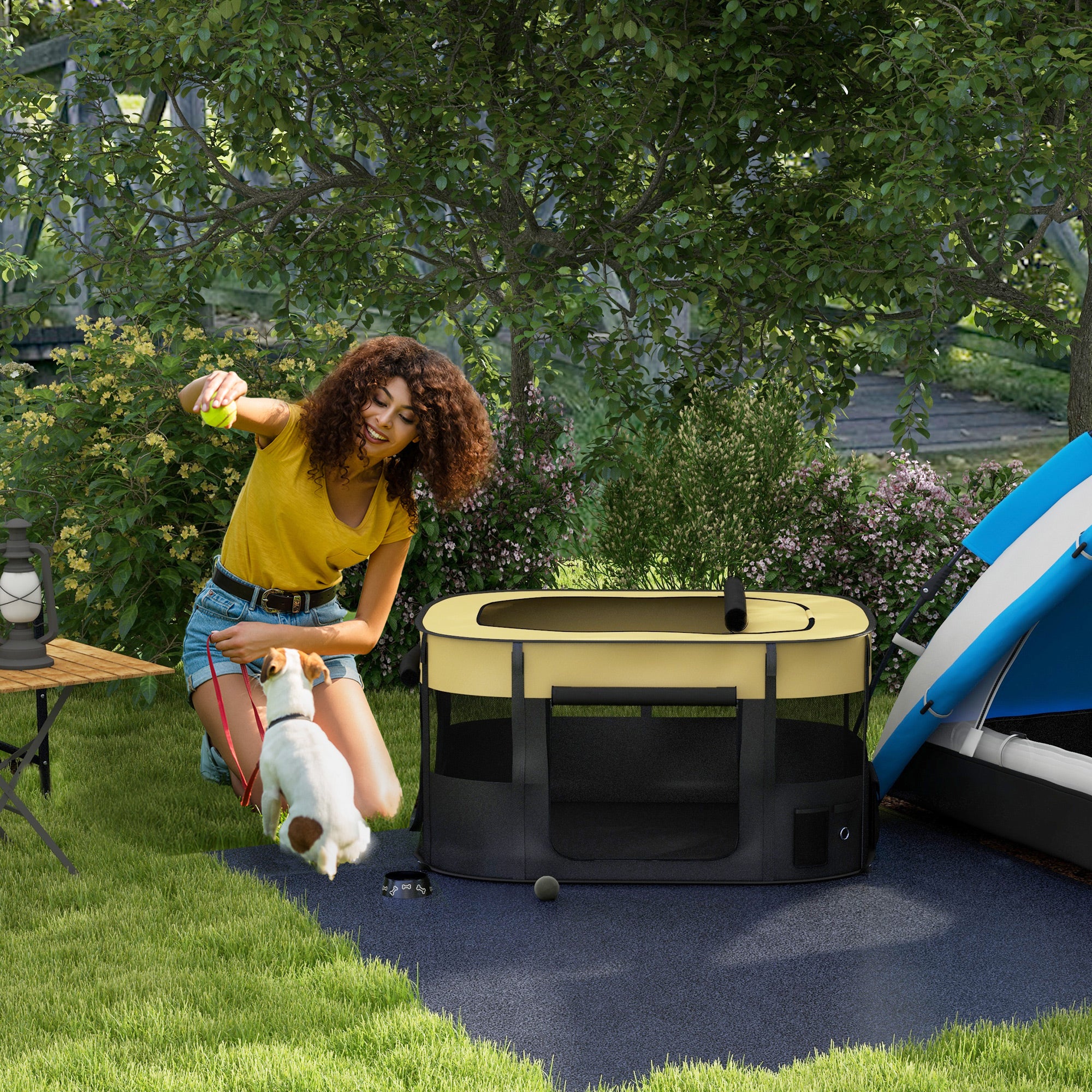 PawHut Foldable Dog Pen with Storage Bag for Indoor/Outdoor Use, Portable Pet playpen, with Ground Stakes - Yellow - North Peak Garden Furniture