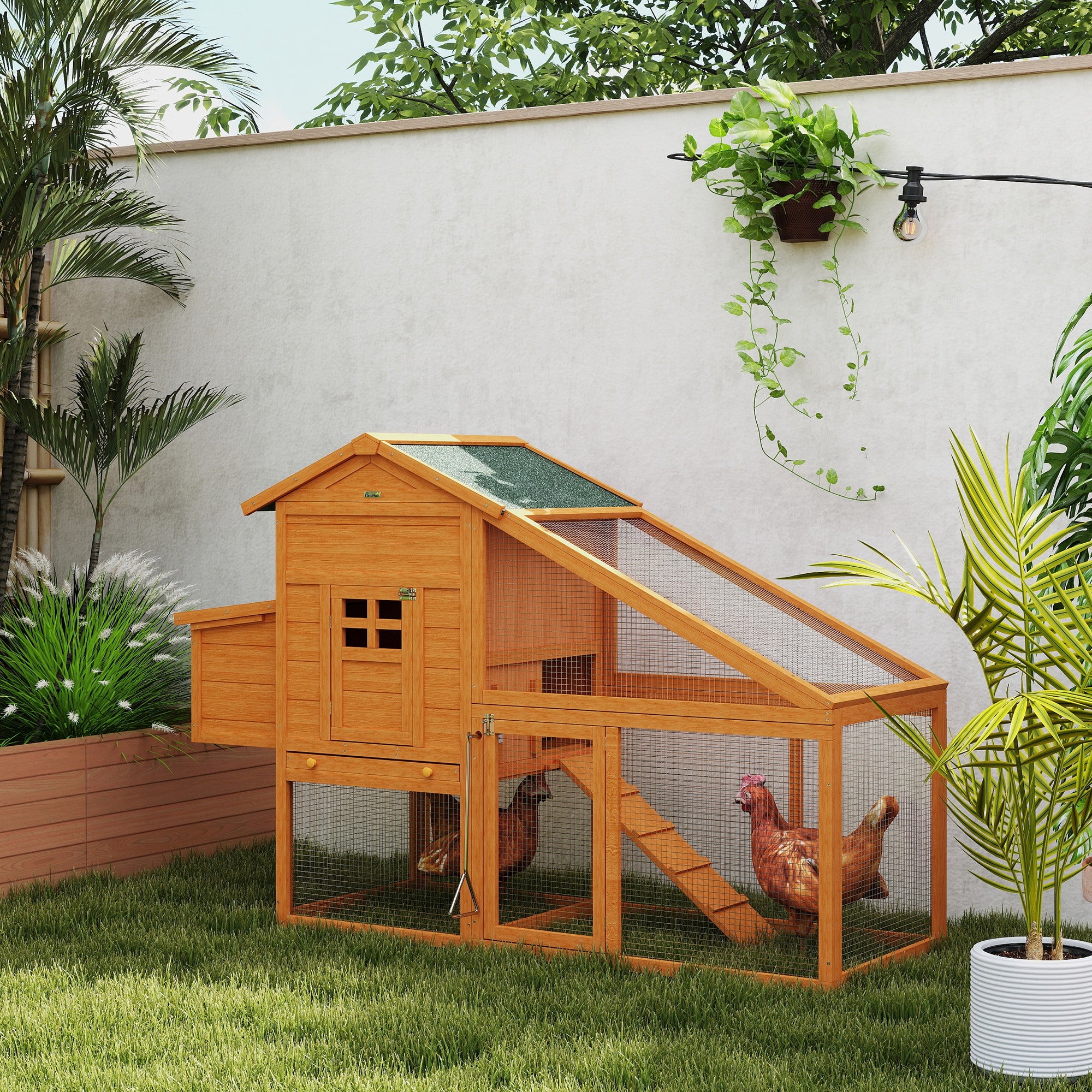PawHut Wooden Chicken Coop with Run, Nesting Box, Slide-out Tray, Ramp, Perches, Asphalt Roof, 179 x 67 x 115cm - North Peak Garden Furniture