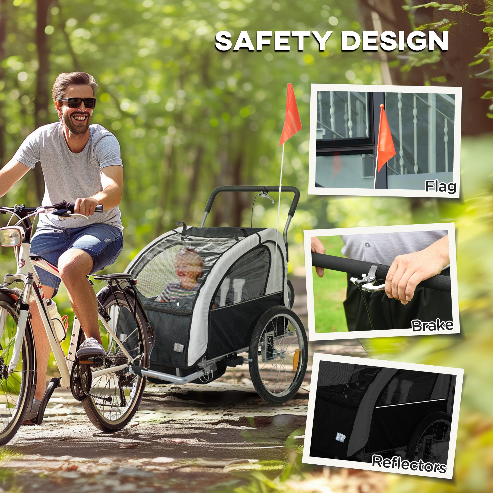 HOMCOM 2 Seat Bike Trailer with 5 Point Harness, Baby Bike Stroller with Safety Flag, Reflectors, for 18+ Months, Black - North Peak Garden Furniture
