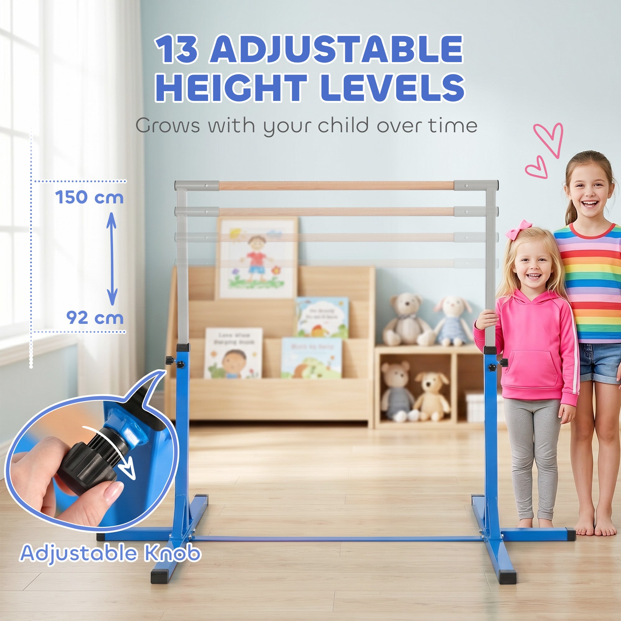 HOMCOM Height Adjustable Gymnastics Horizontal Bar For Kids Home Gym Training Children Junior Kip High Bar Fitness Blue