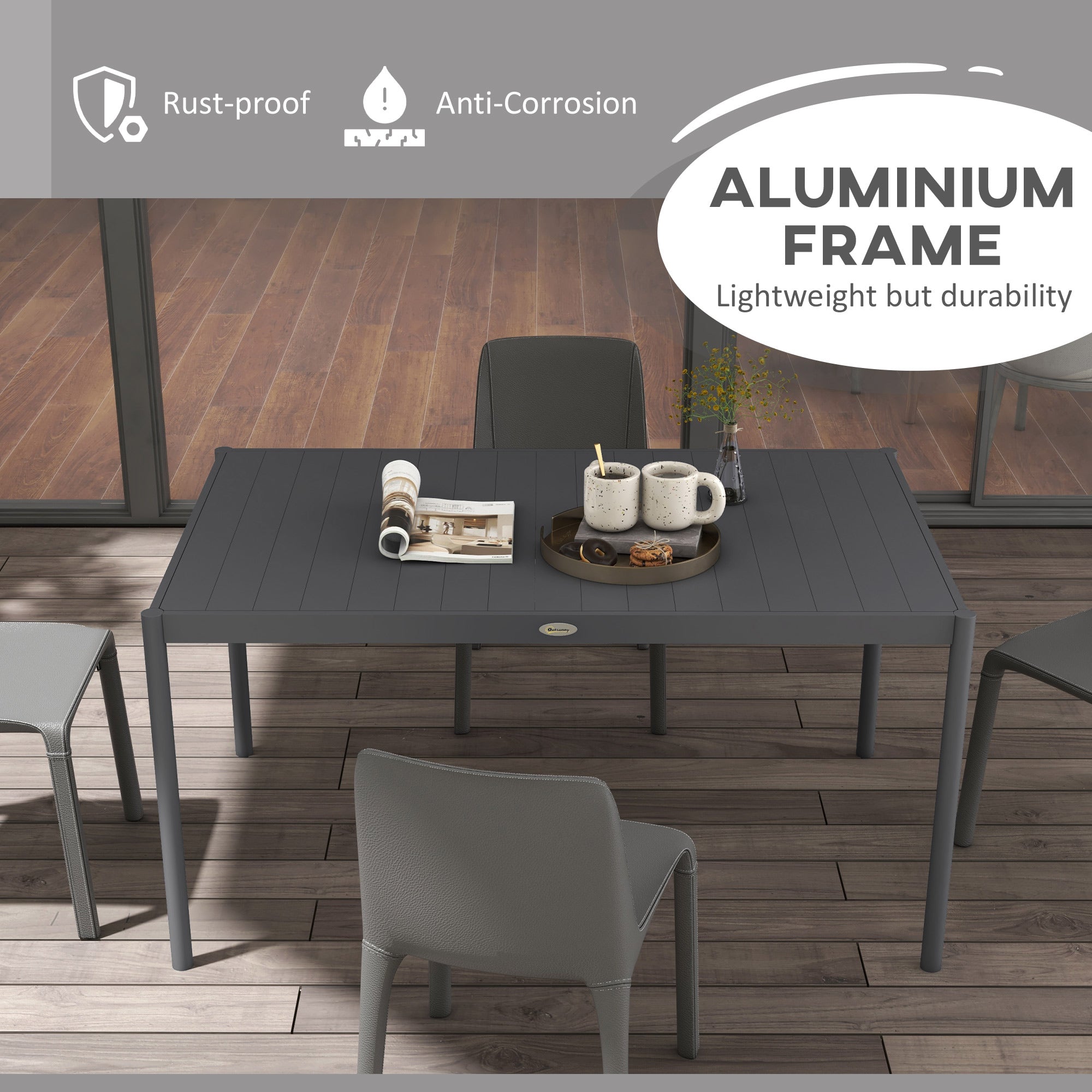 Outsunny Six-Seater Outdoor Table with Slatted Aluminium Top and Steel Legs - North Peak Garden Furniture