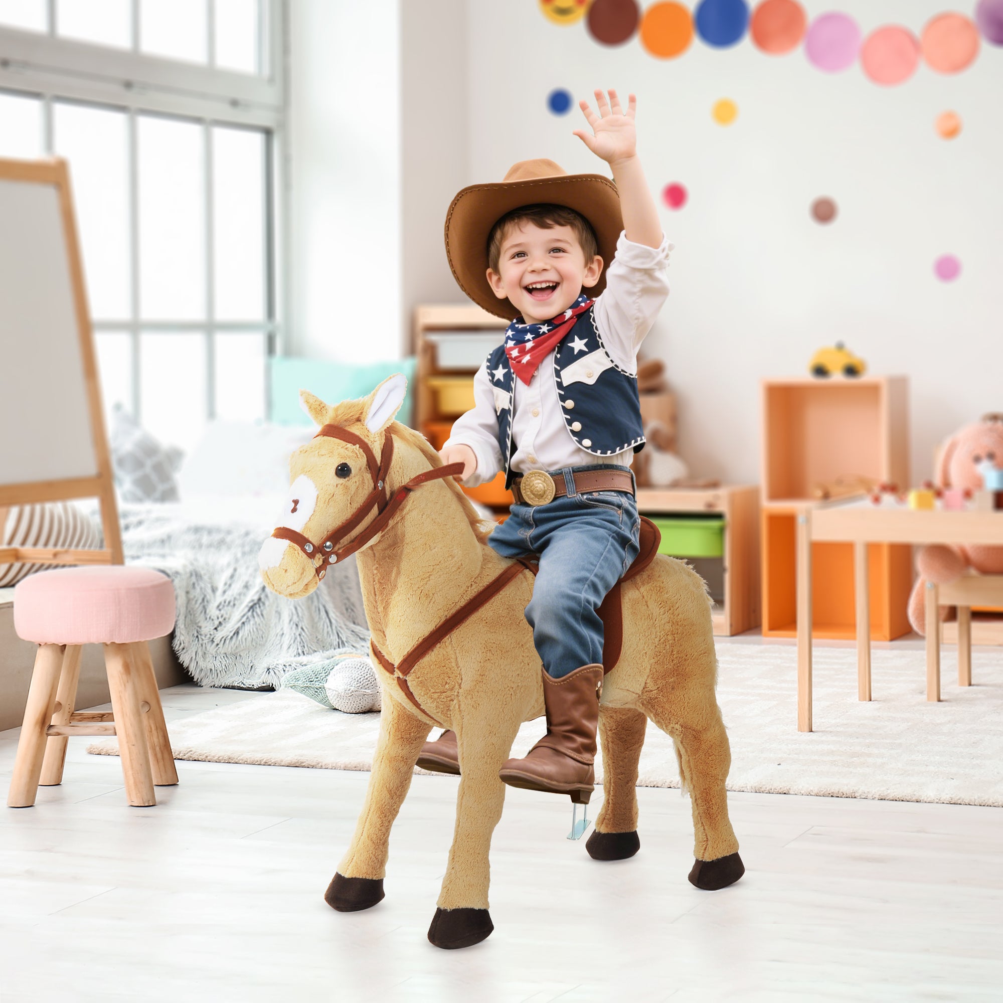HOMCOM Kids Ride On Standing Horse Cuddly Toy Children Plush Soft Pony Gift w/ Neigh Sound or 3 Years and Up Beige - North Peak Garden Furniture