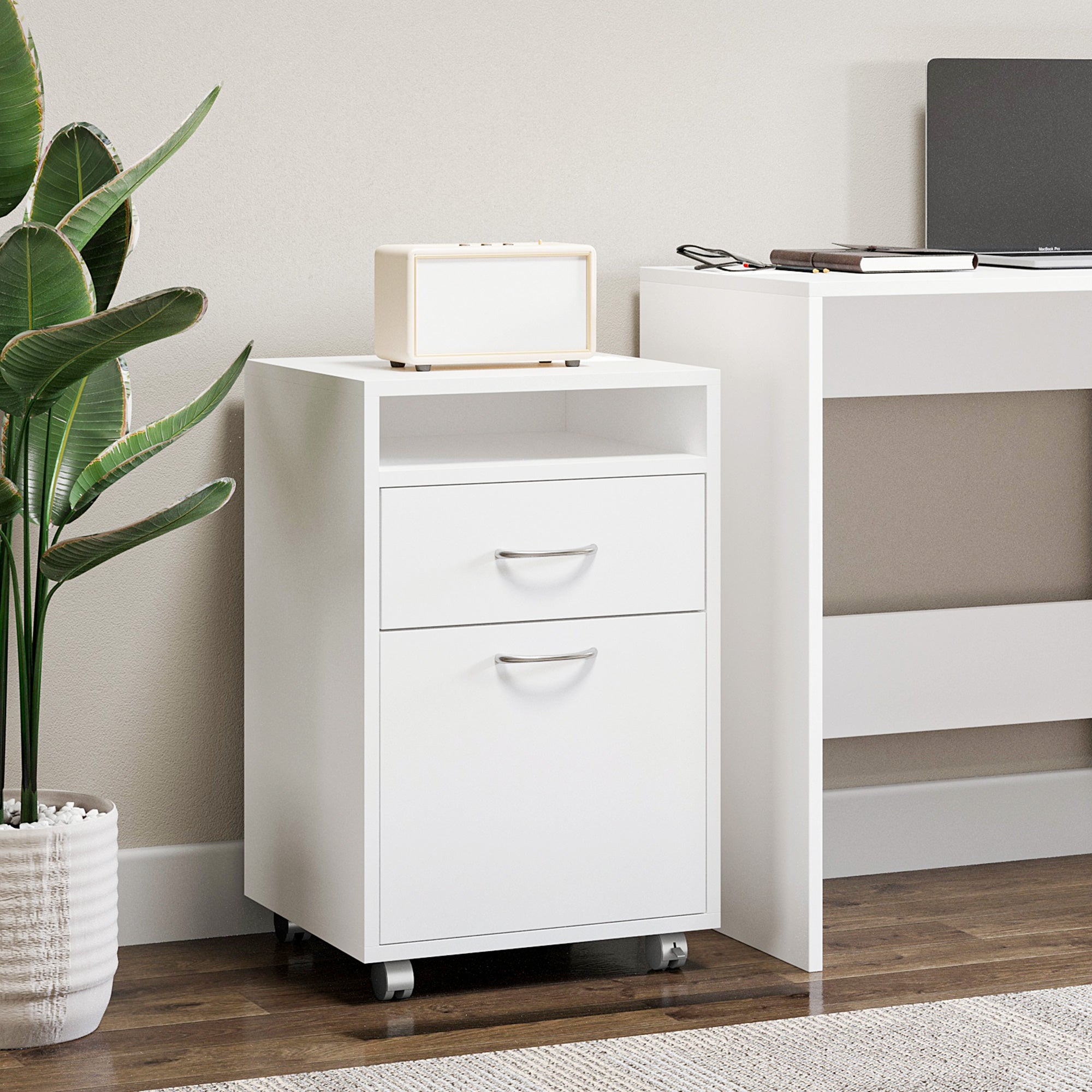 HOMCOM 60cm Storage Cabinet with Drawer, Open Shelf, Metal Handles and 4 Wheels, Office Home Organiser Mobile Printer, White - North Peak Garden Furniture