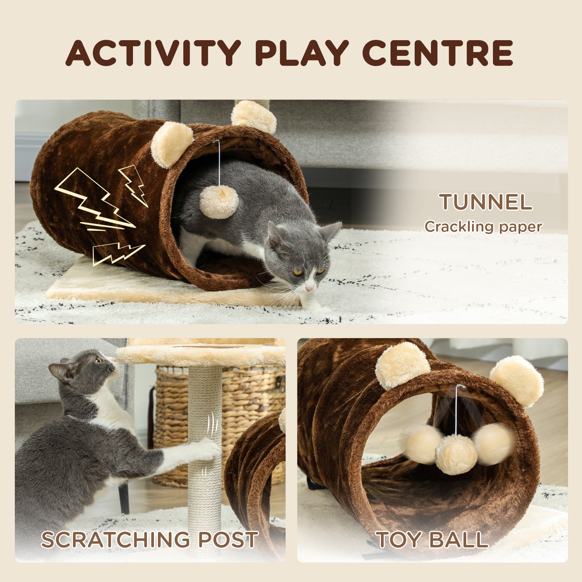 PawHut 47cm Small Cat Tree w/ Scratching Post, Bed, Cat Tunnel, Toy Ball, Dark Brown - North Peak Garden Furniture