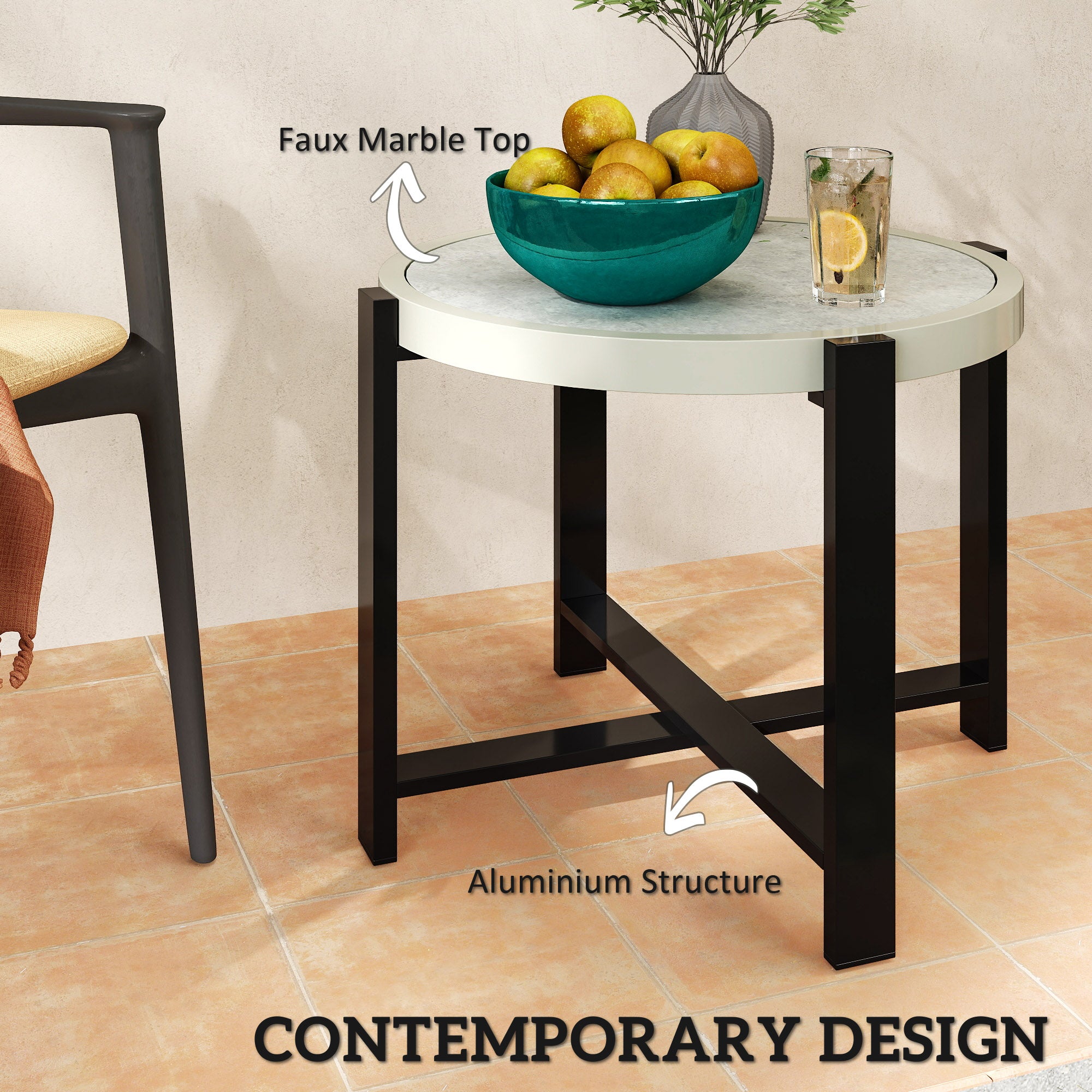 Outsunny Round Small Garden Table, 60cm Outdoor Side Table with Faux Marble Tempered Glass Top, Aluminium Frame for Garden, Patio, Balcony, Light Grey - North Peak Garden Furniture