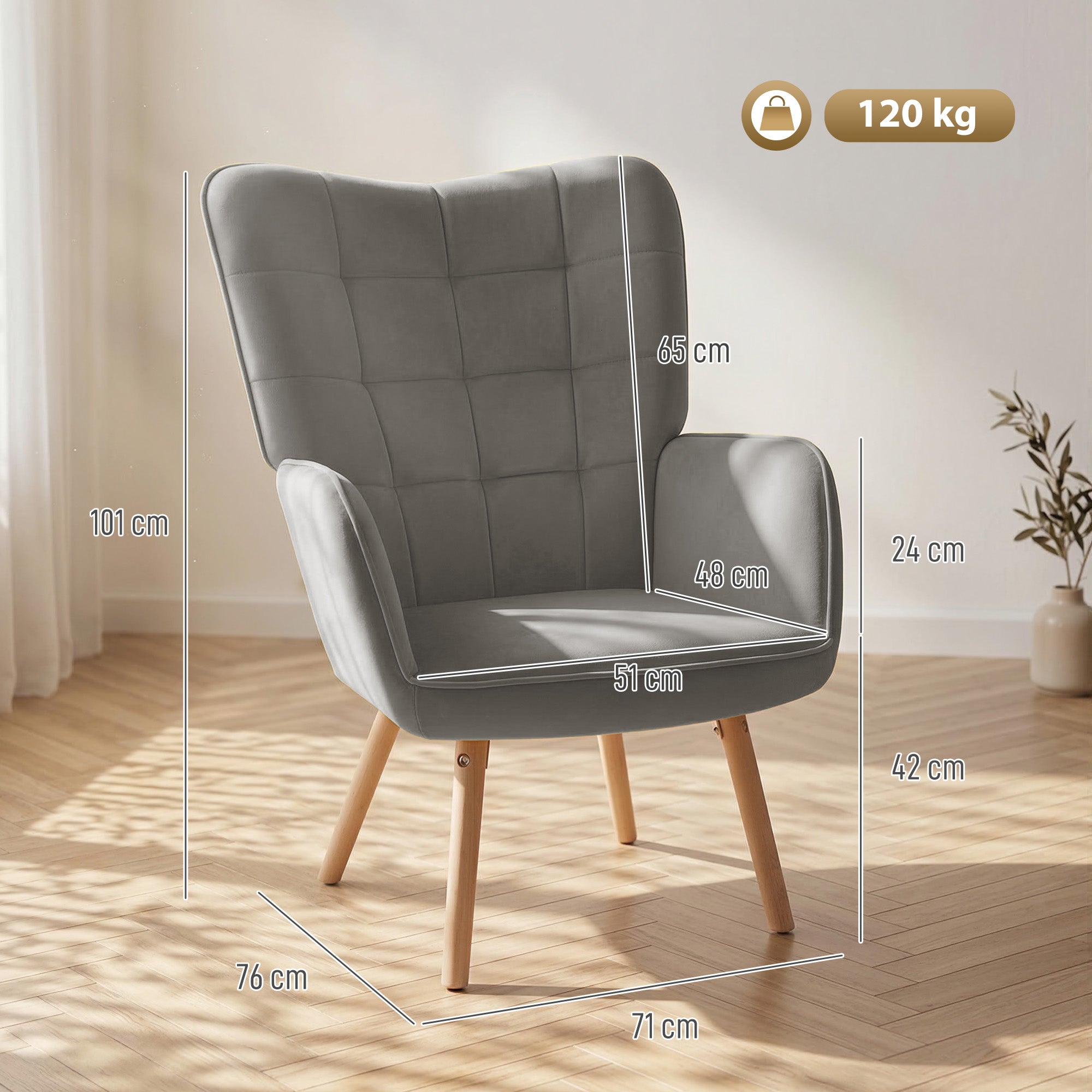 HOMCOM Modern Accent Chair Velvet-Touch Tufted Wingback Armchair Upholstered Leisure Lounge Sofa Club Chair with Wood Legs, Grey
