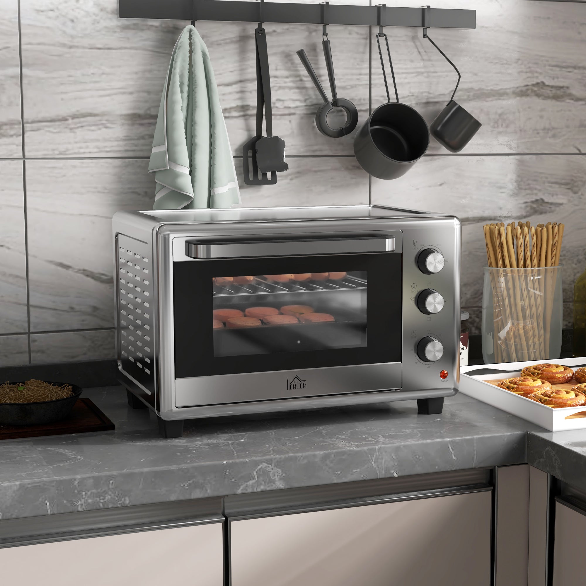 HOMCOM 30L 60-230℃ Mini Electric Oven, with Accessories - Silver Tone - North Peak Garden Furniture