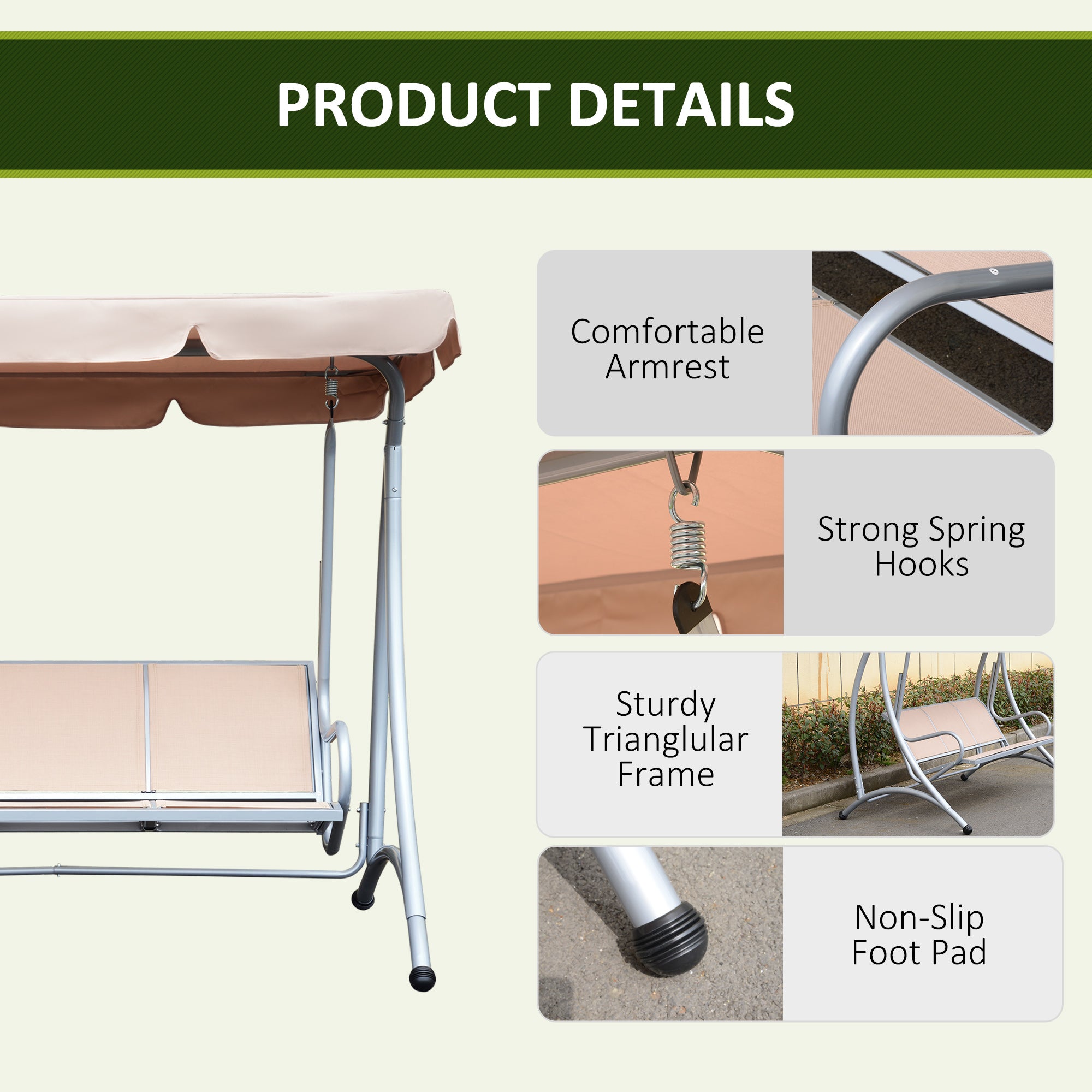 Outsunny 3 Seater Garden Swing Seat Bench Steel Swing Chair with Adjustable Canopy for Outdoor Patio Porch - Beige - North Peak Garden Furniture