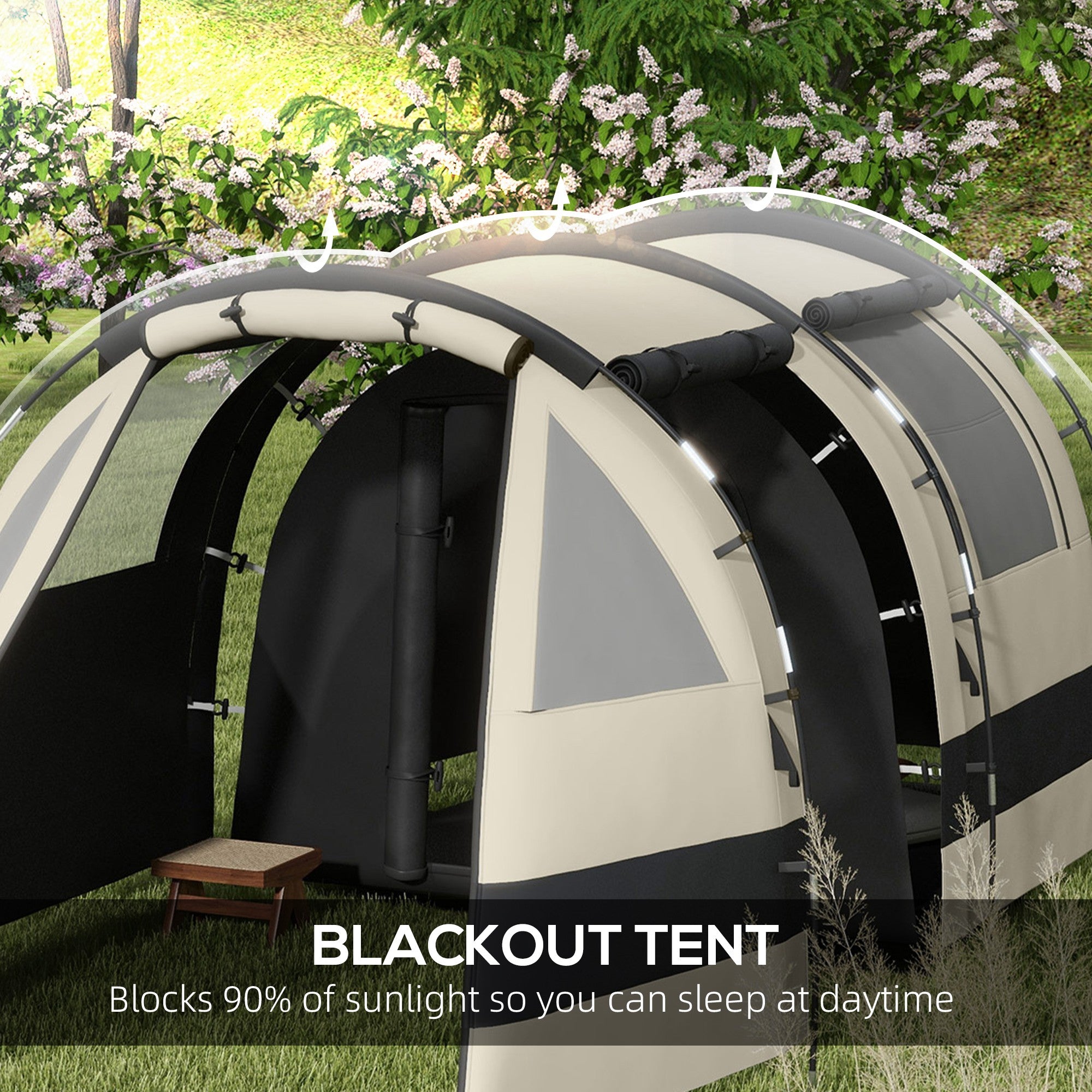 Outsunny Four Man, Two Room Blackout Tent, with Accessories - Khaki