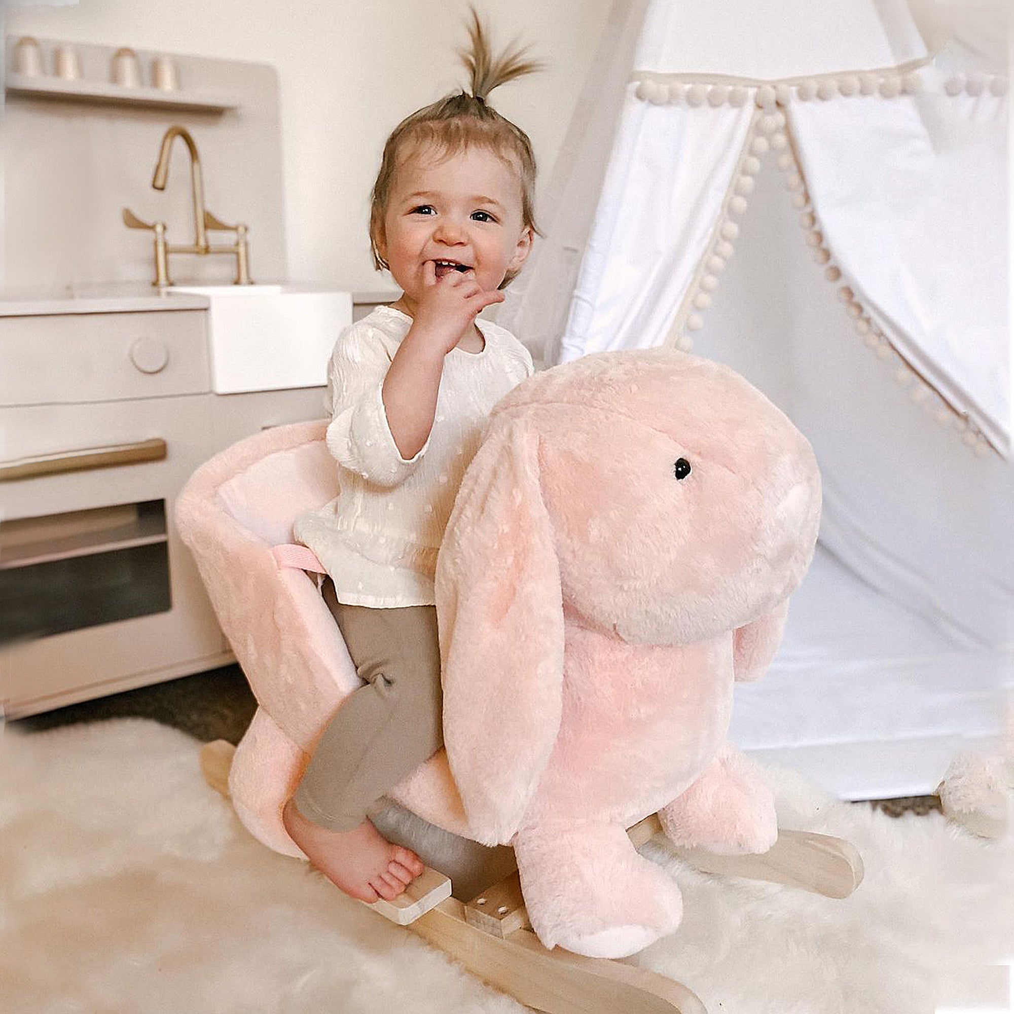 HOMCOM Kids Children Rocking Horse Plush Ride On Rabbit Seat w/ Sound Wood Base Seat Safety Belt Toddler Baby Toy Rocker Pink 18 - 36 Months - North Peak Garden Furniture