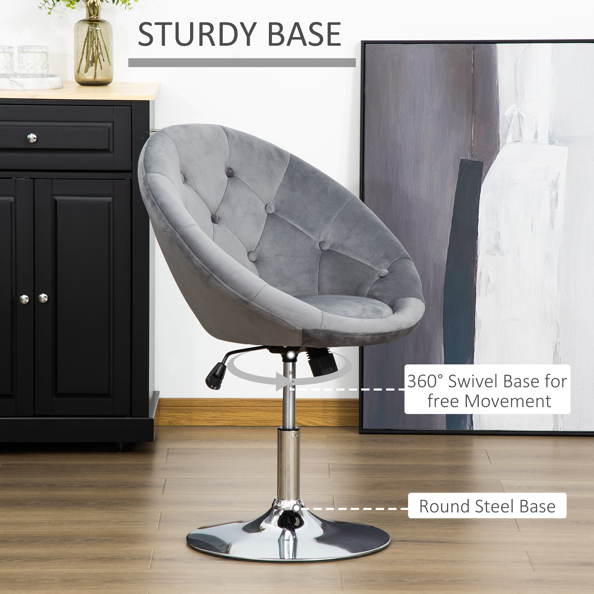 HOMCOM Swivel Dressing Stool, Velvet-feel Upholstered Vanity Chair, Adjustable Height Tub Makeup Chair with Button Tufting and Thick Padding, Breakfast Dining Chair, Grey - North Peak Garden Furniture