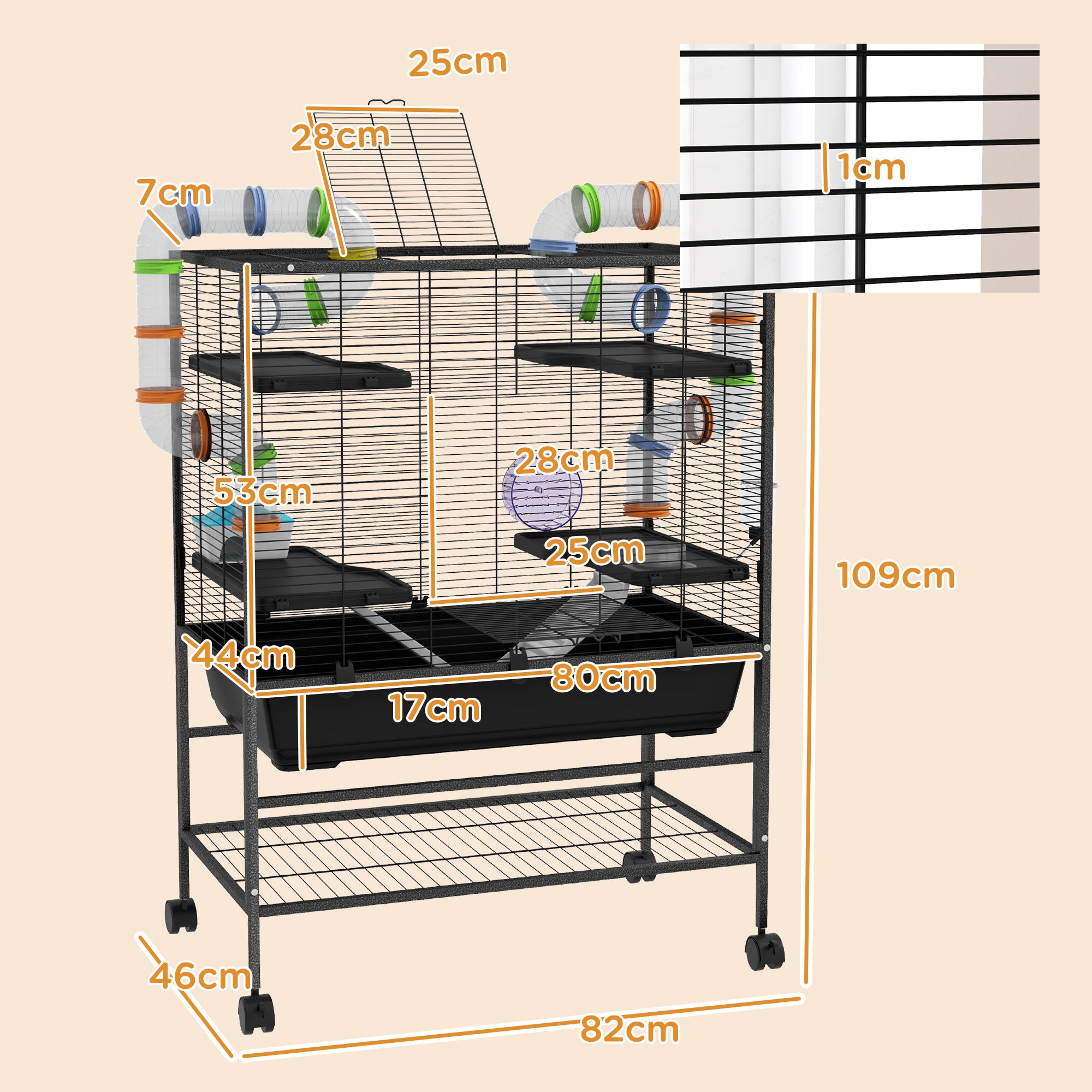 PawHut Large Hamster Cage, Gerbil Cage with Tubes, Storage Shelf, Ramps, Platforms, Running Wheel - Black - North Peak Garden Furniture