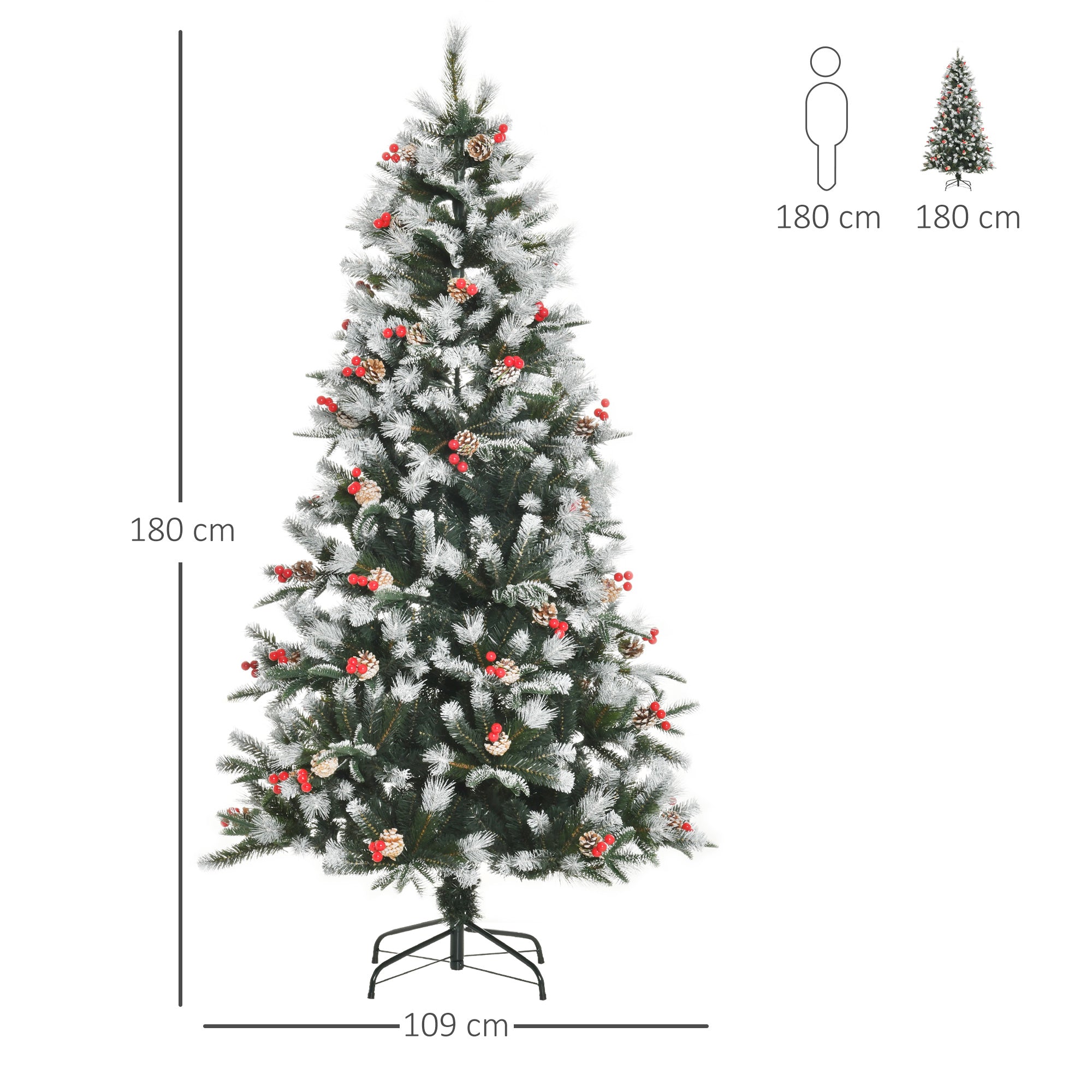 HOMCOM 6FT Artificial Snow Dipped Christmas Tree Xmas Pencil Tree Holiday Home Party Decoration with Foldable Feet Red Berries White Pinecones, Green - North Peak Garden Furniture