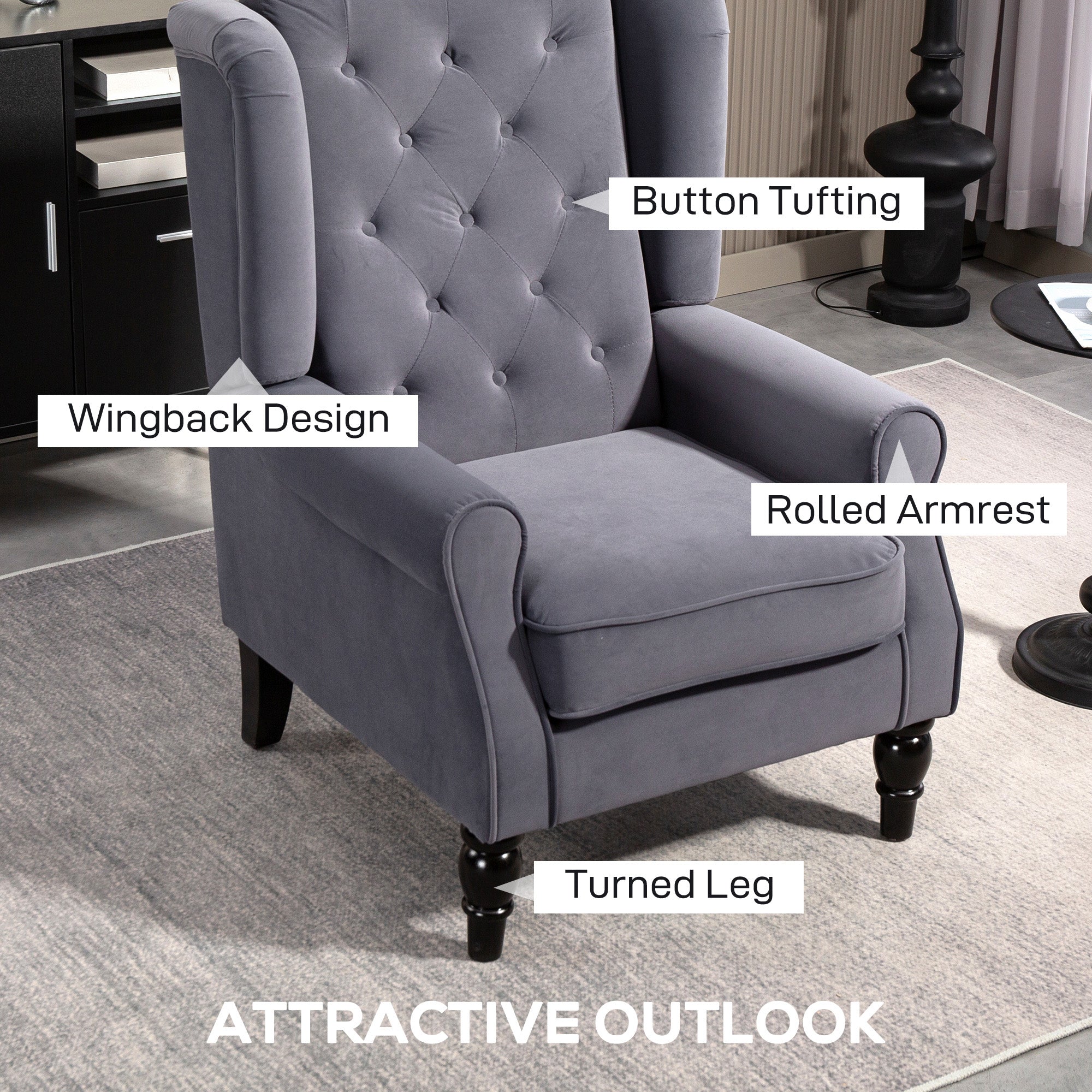 HOMCOM Wingback Accent Chair, Retro Upholstered Button Tufted Occasional Chair for Living Room and Bedroom, Charcoal Grey - North Peak Garden Furniture