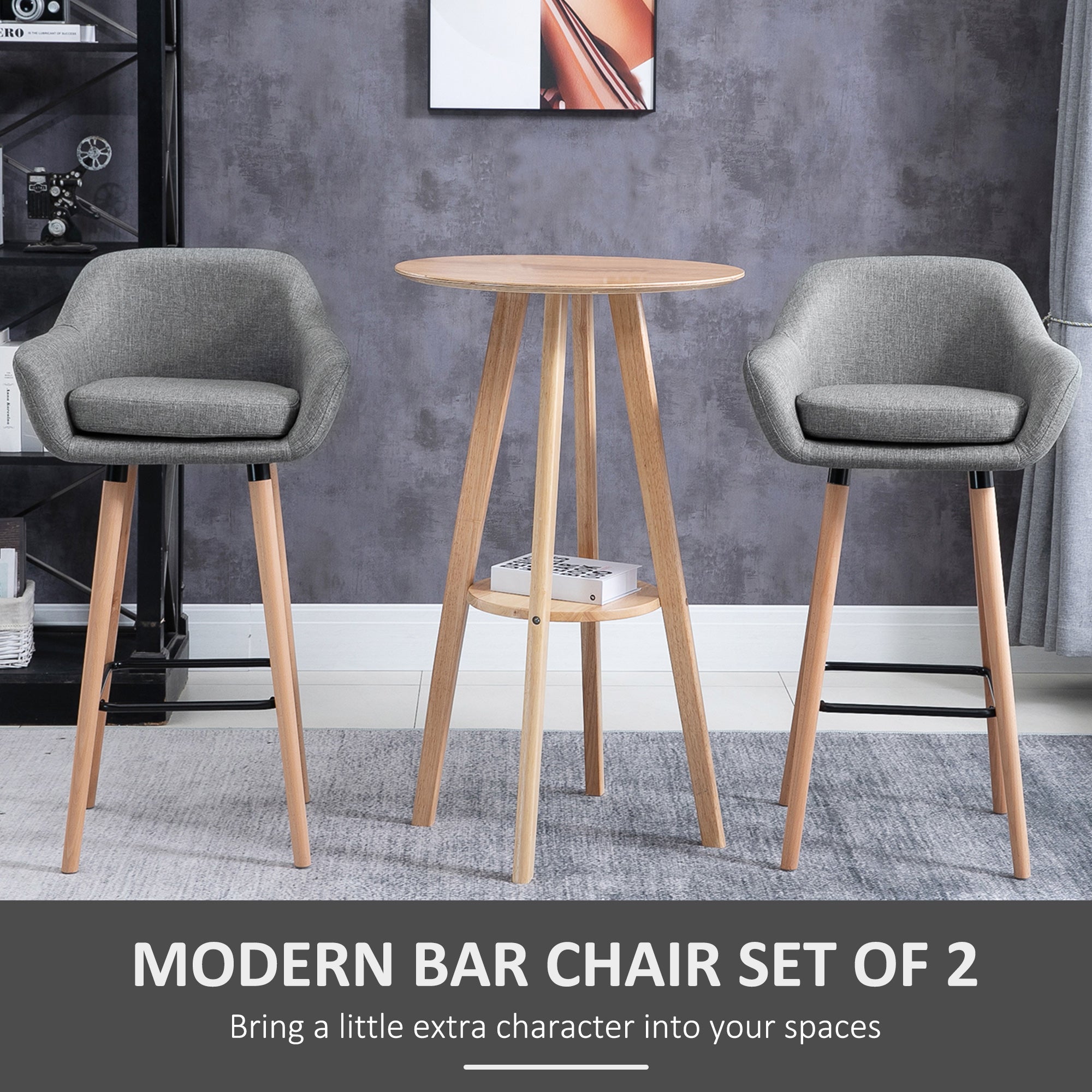 HOMCOM Set of 2 Bar Stools Modern Upholstered Seat Bar Chairs w/ Metal Frame, Solid Wood Legs Living Room Dining Room Fabric Furniture - Grey - North Peak Garden Furniture