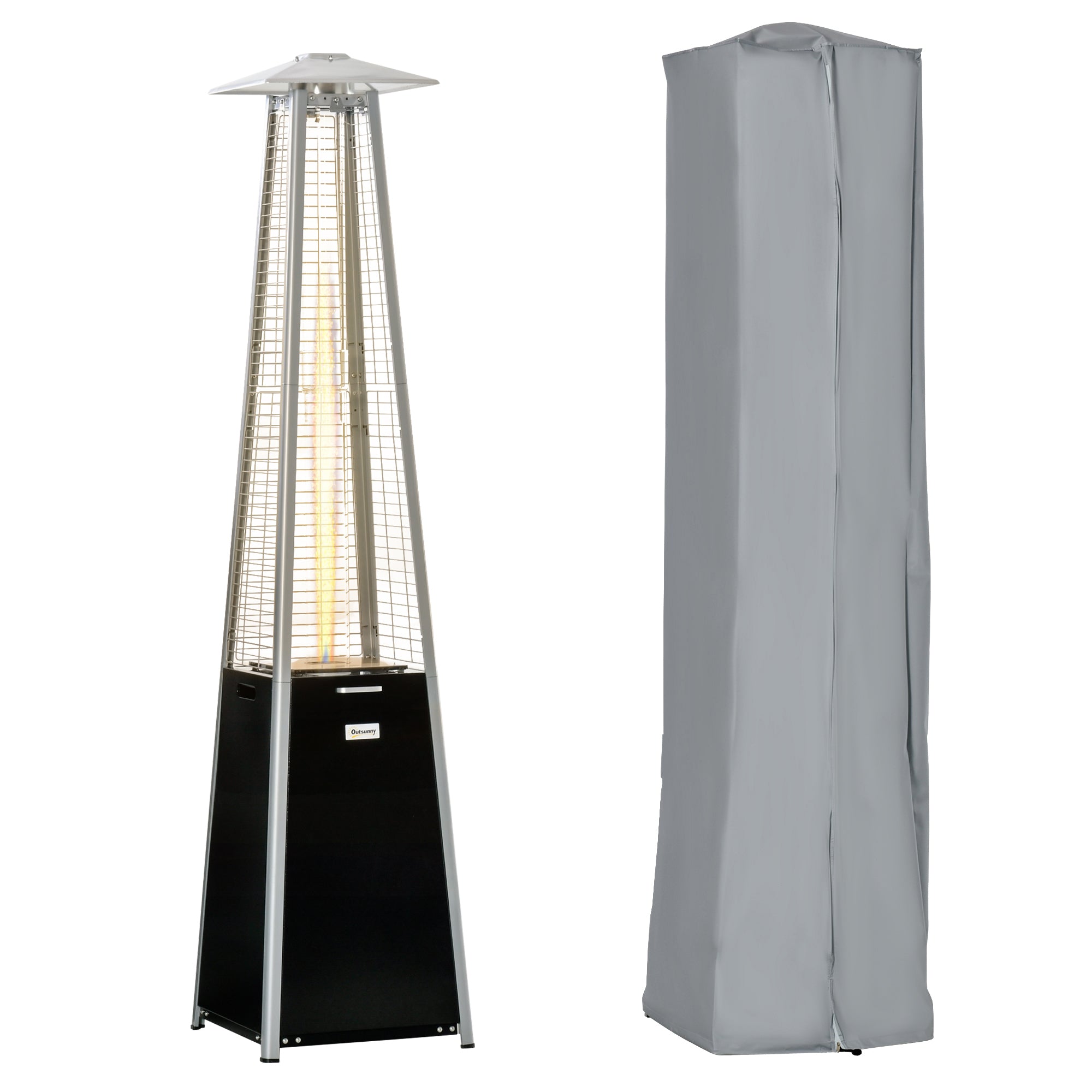 Outsunny 11.2KW Outdoor Patio Gas Heater Freestanding Pyramid Propane Heater Garden Tower Heater with Wheels, Dust Cover, Regulator and Hose, Black, 50 x 50 x 225cm - North Peak Garden Furniture