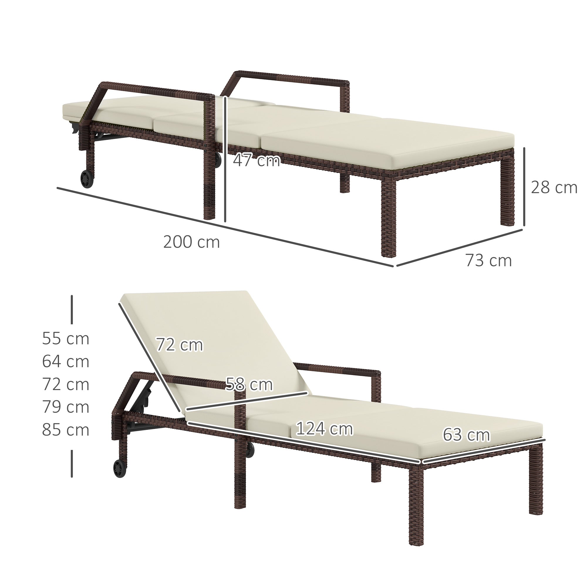 Outsunny Outdoor PE Rattan Sun Lounger Set of 2, Wicker Chaise Recliner Garden Chair with 5-Level Adjustable Backrest and 2 Wheels, Cream White - North Peak Garden Furniture