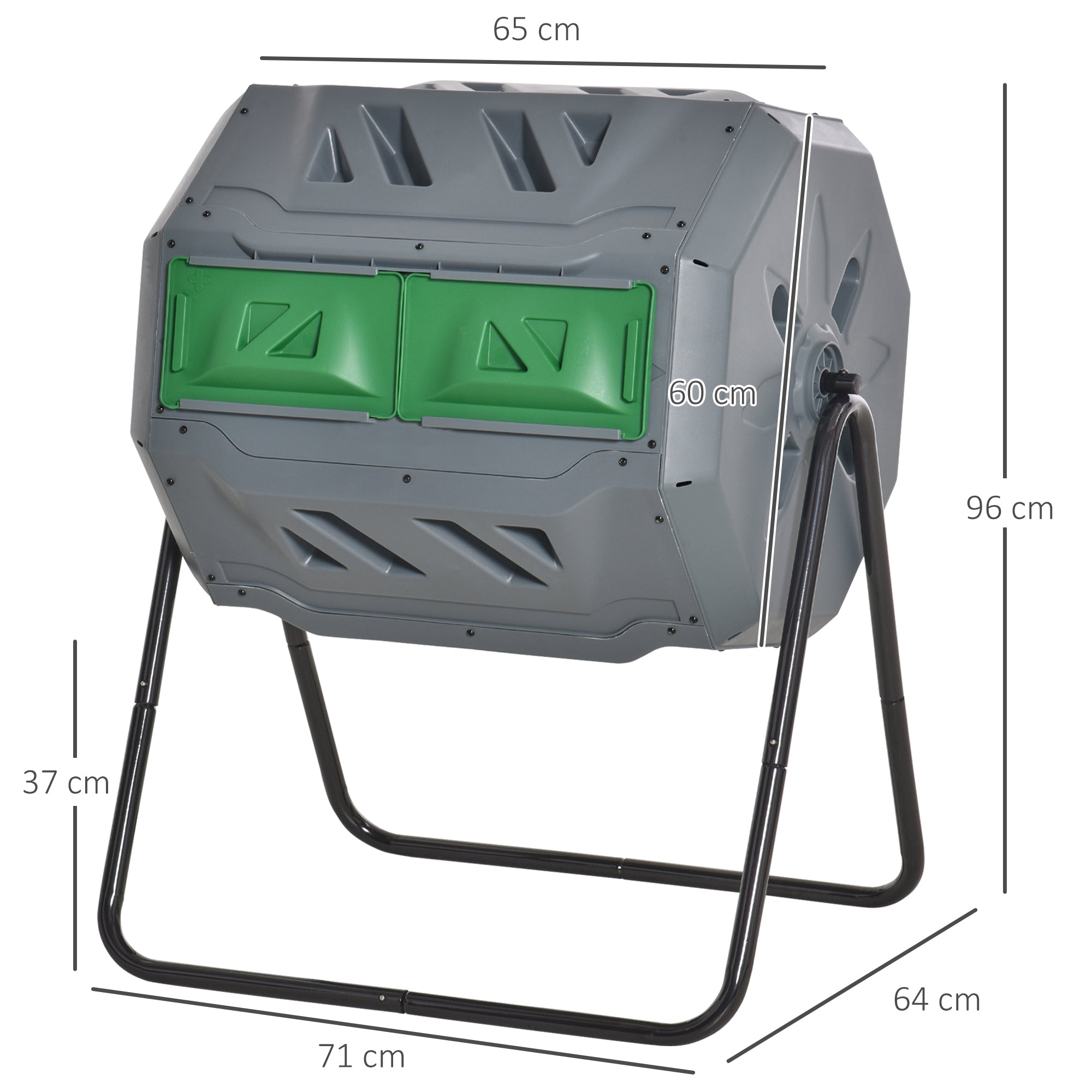 Outsunny 160L Tumbling Compost Bin Outdoor Dual Chamber 360° Rotating Composter, Garden Compost Bin w/ Sliding Doors & Solid Steel Frame, Grey - North Peak Garden Furniture