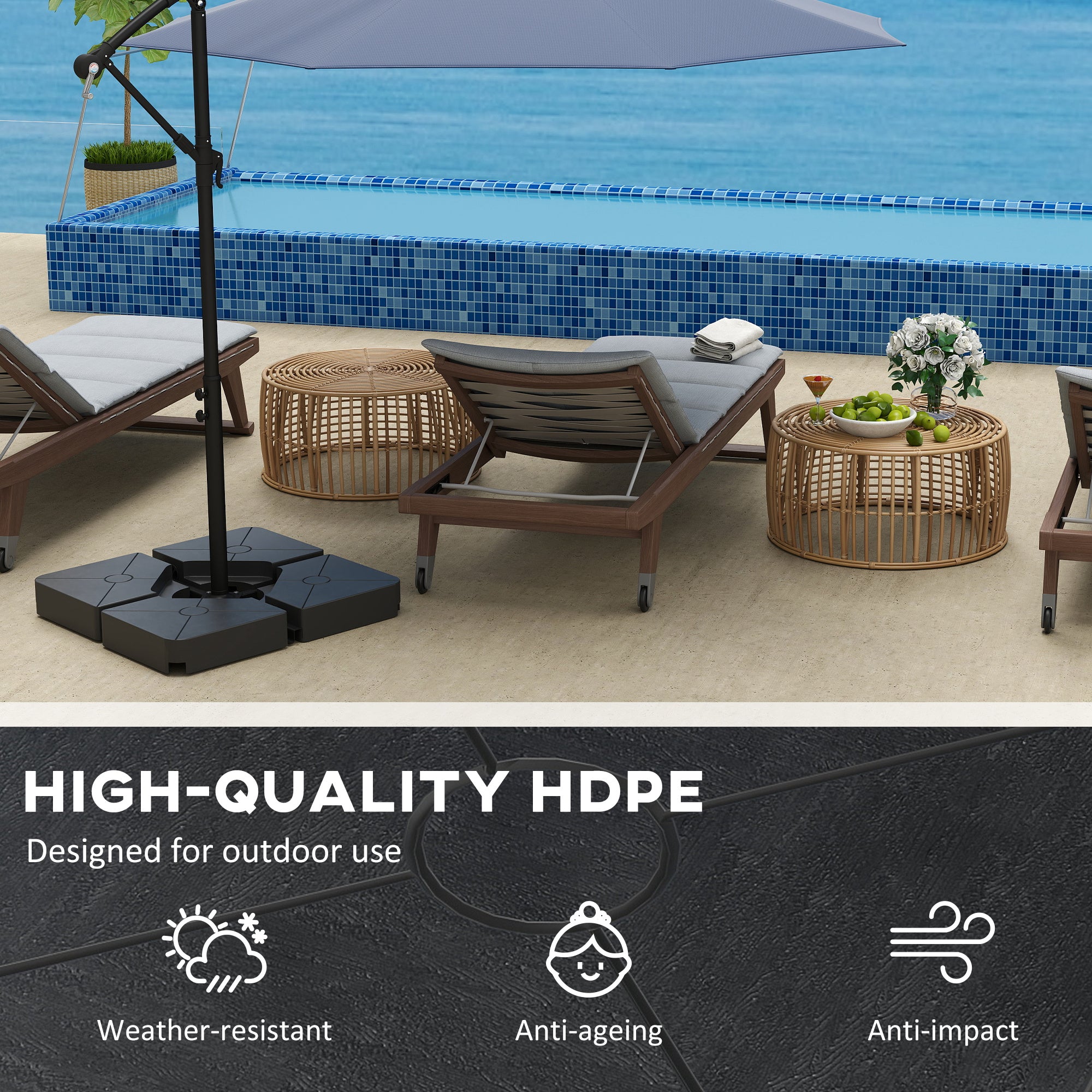 Outsunny Umbrella Weights for Cantilever Parasols, Set of 4 Heavy Duty Parasol Base Weights, 64kg Sand or 55kg Water Filled, Black - North Peak Garden Furniture