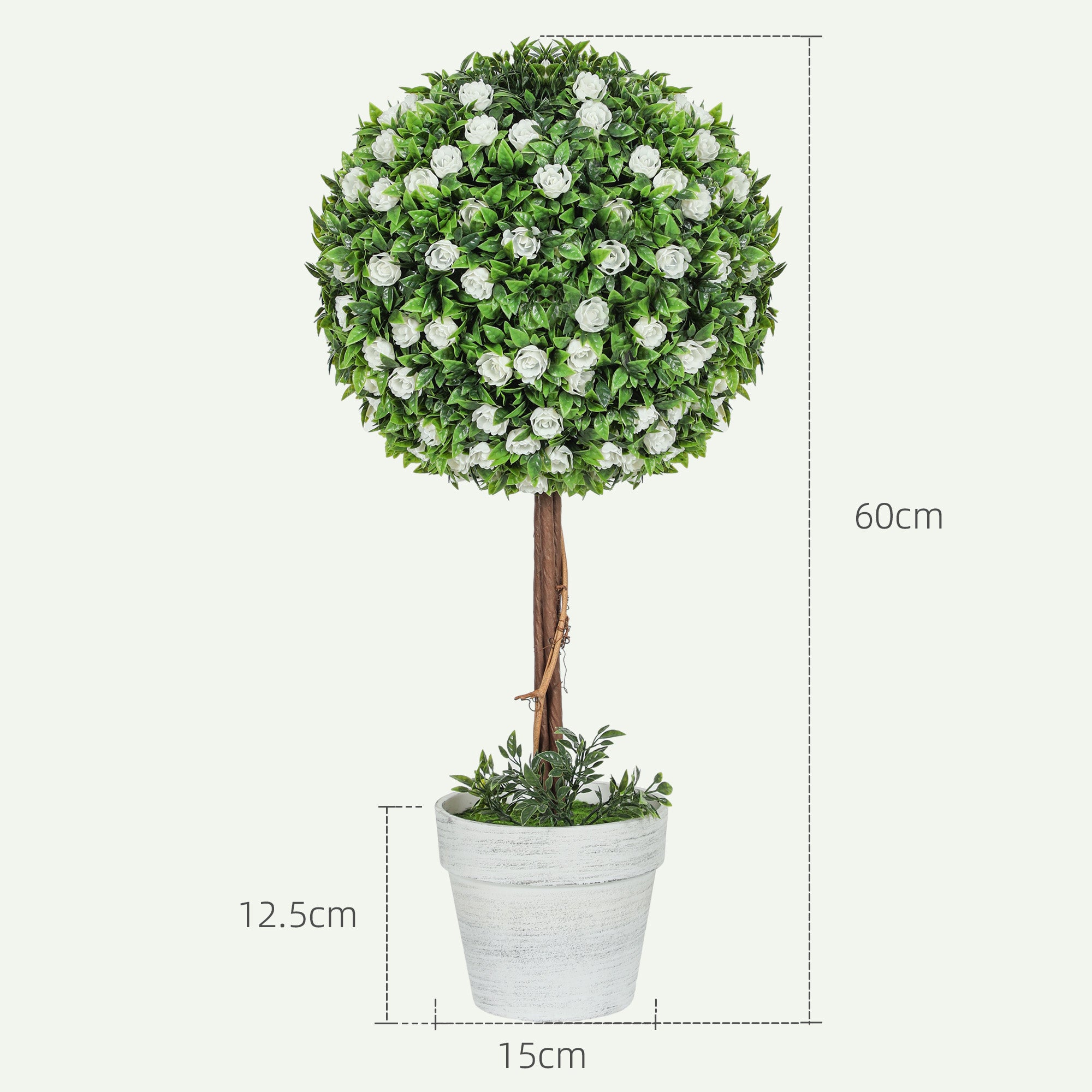 HOMCOM Set of 2 Decorative Artificial Plants, Ball Topiary Tree with Rose Flower in Pot, Fake Plants for Home Indoor Outdoor Decor, 60cm, White