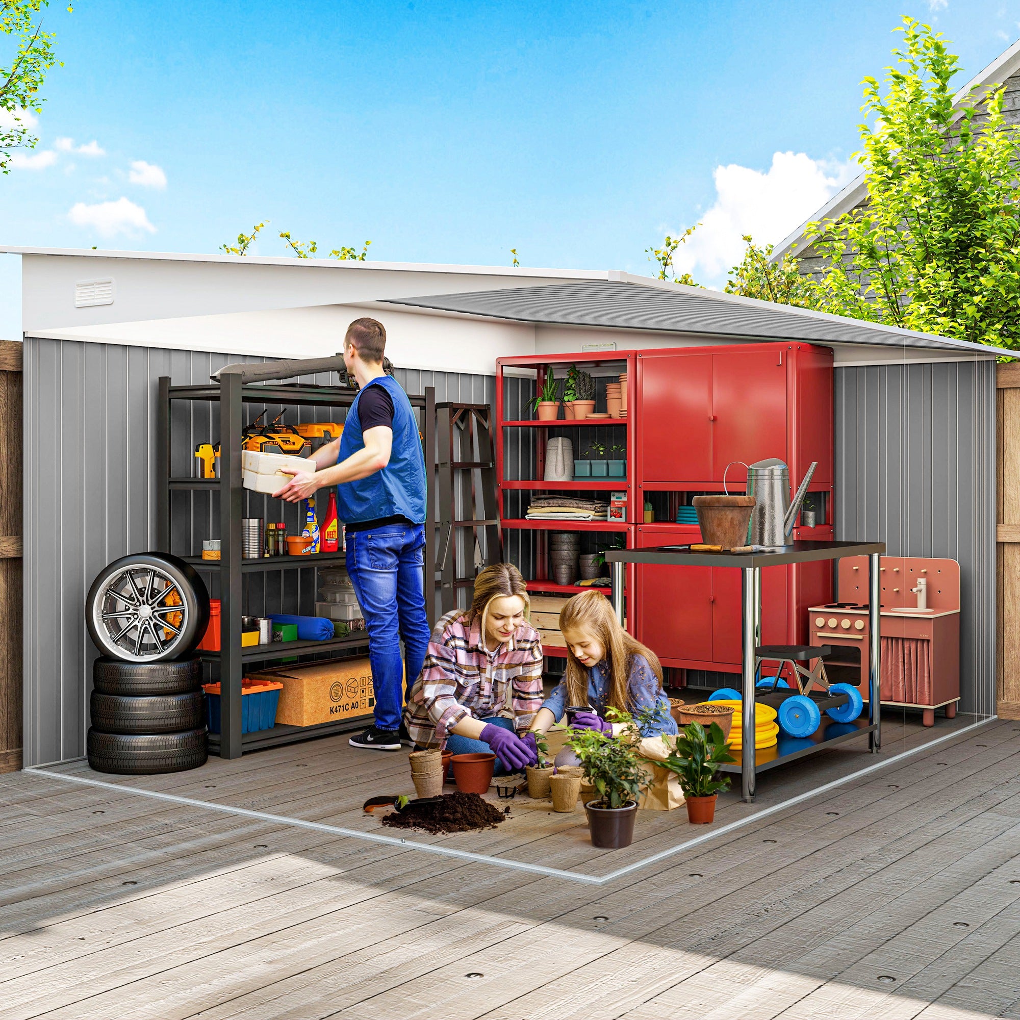 Outsunny Garden Metal Storage Shed Outdoor Metal Tool House with Double Sliding Doors and 2 Air Vents, 11.3x9.2ft, Green - North Peak Garden Furniture
