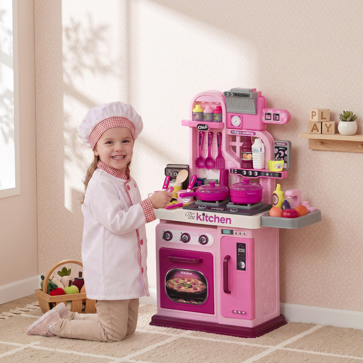 AIYAPLAY Kids Kitchen with 33 Pieces, Lights, Sounds, Storage, for Ages 3-6 Years, Pink