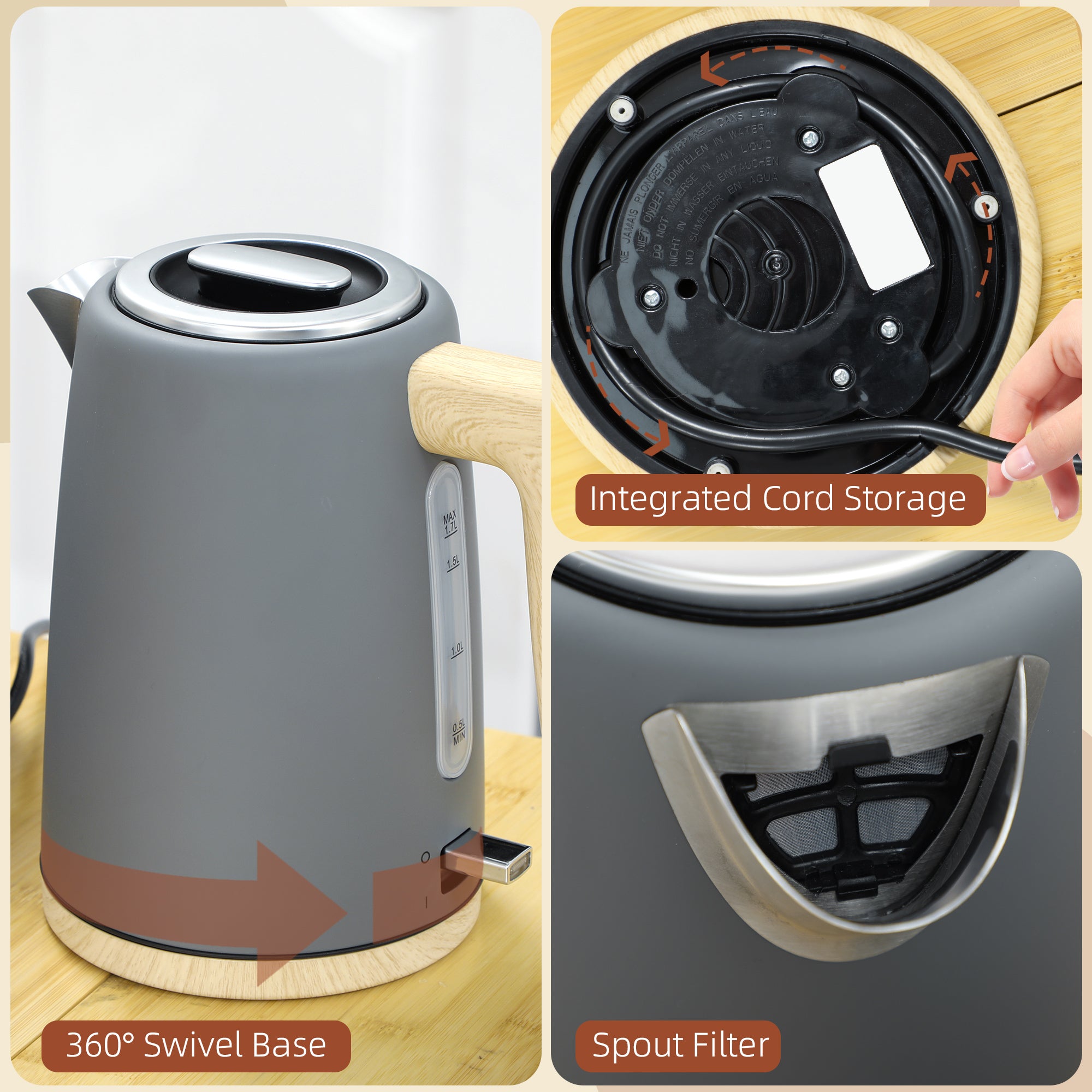 HOMCOM Kettle and Toaster Set, 1.7L 3000W Fast Boil Kettle & 2 Slice Toaster Kitchen Set with 7 Level Browning Controls, Defrost, Reheat, Auto Off, Boil-dry Protection, Grey - North Peak Garden Furniture