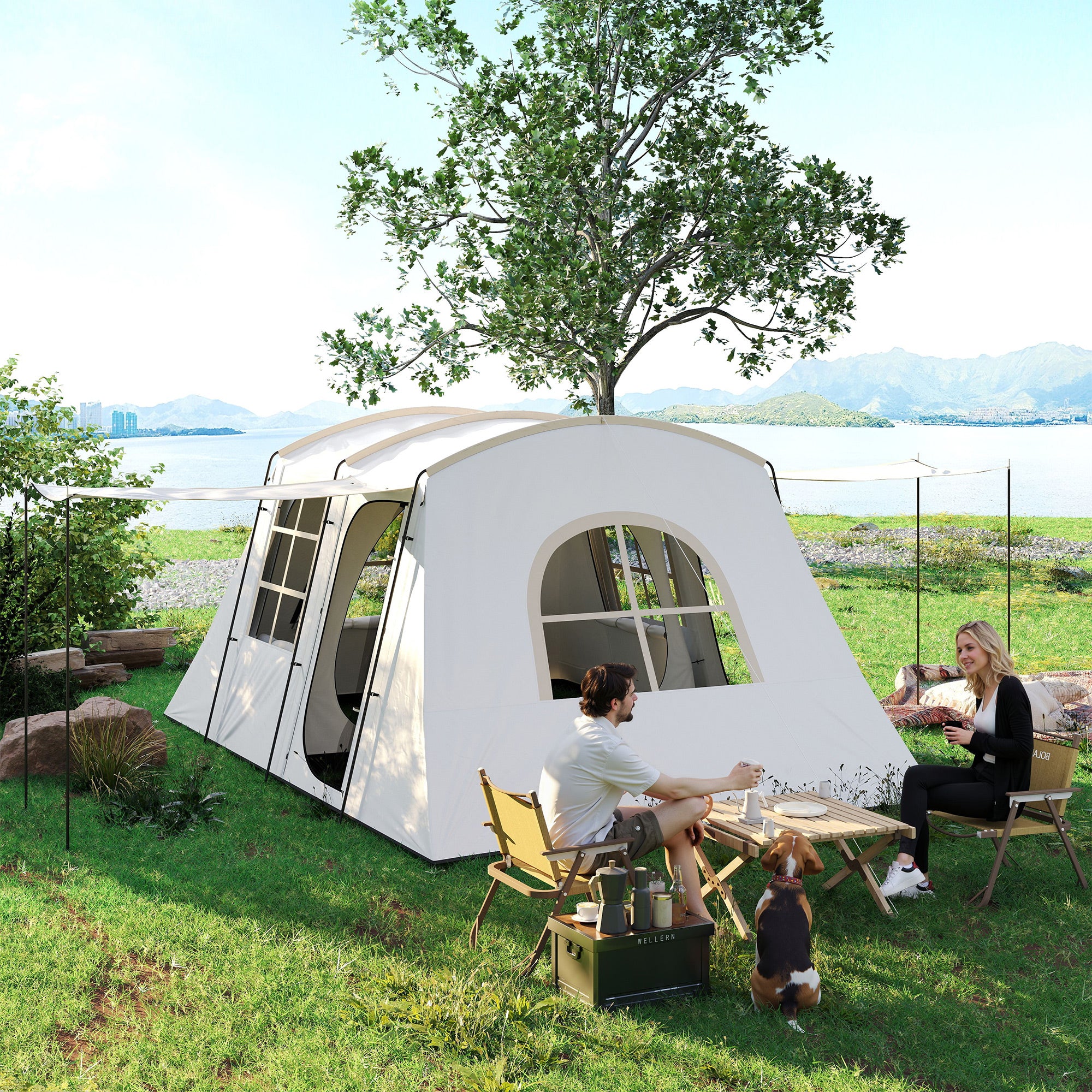 Outsunny 3-4 Man Tunnel Tent, Family Camping Tent with Porch, Bedroom and Living Area, Sewn in Groundsheet, 3000mm Waterproof, Portable with Bag for Hiking, Festival, Backpacking, Khaki