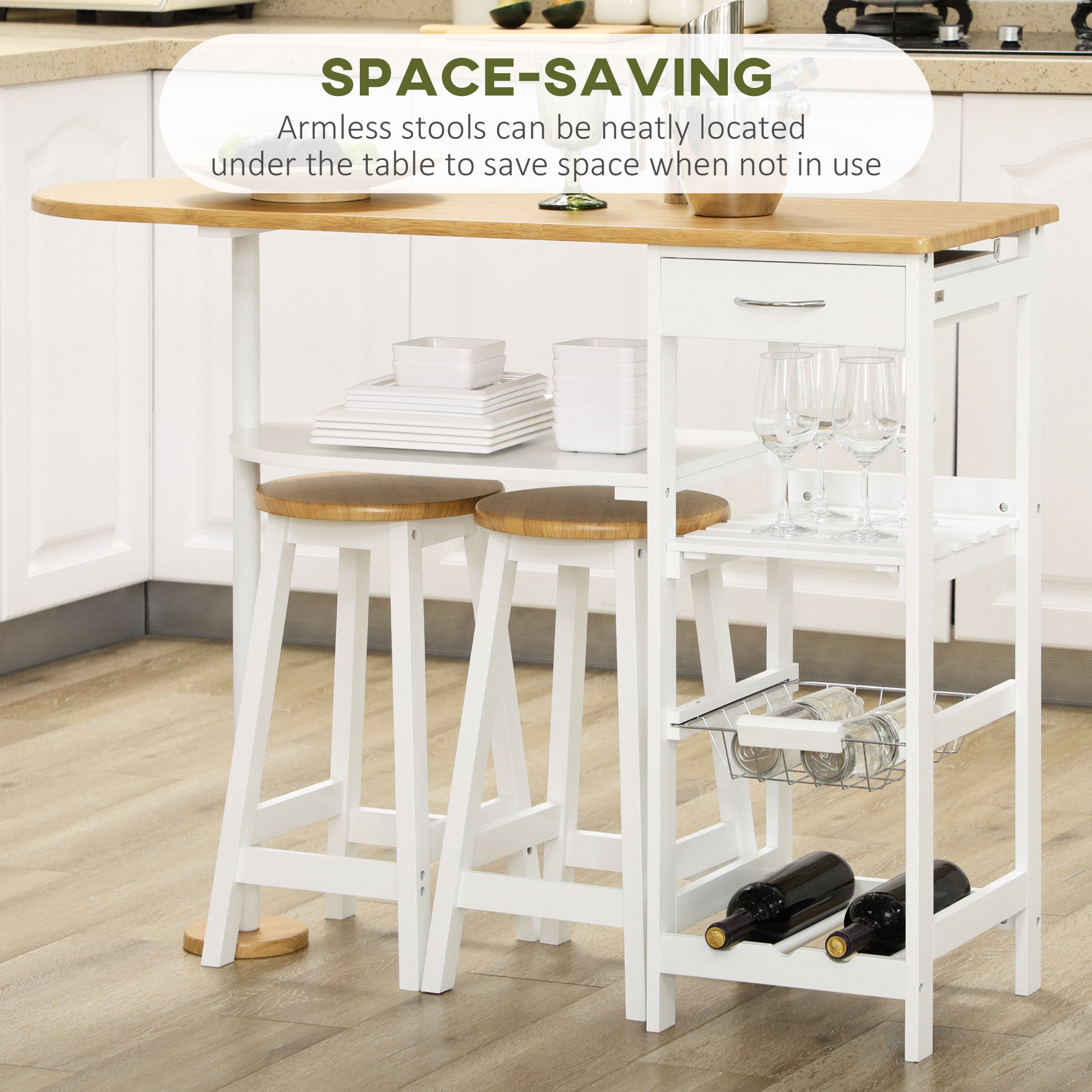 HOMCOM 3 Piece Bar Table Set, Breakfast Bar table and Stools with Storage Shelf, Drawer, Wire Basket and Wine Rack for Kitchen, Home Bar, Natural and White - North Peak Garden Furniture