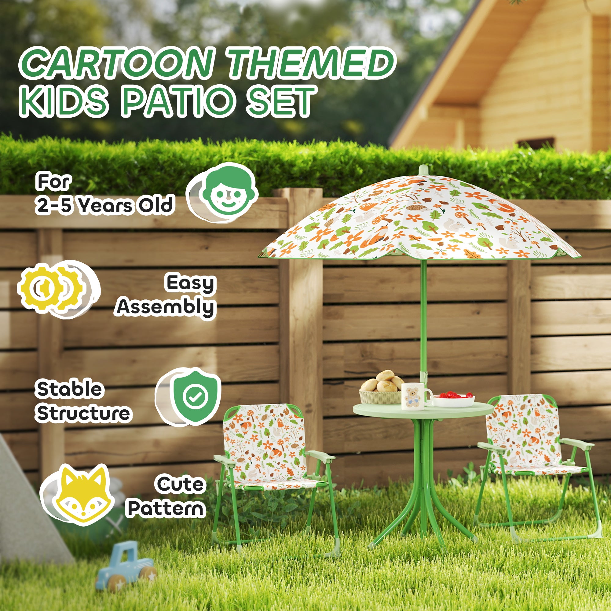 AIYAPLAY 4 Pieces Kids Garden Table and Chair Set with Adjustable Parasol, Folding Chairs, Table, Fox Pattern, Green - North Peak Garden Furniture