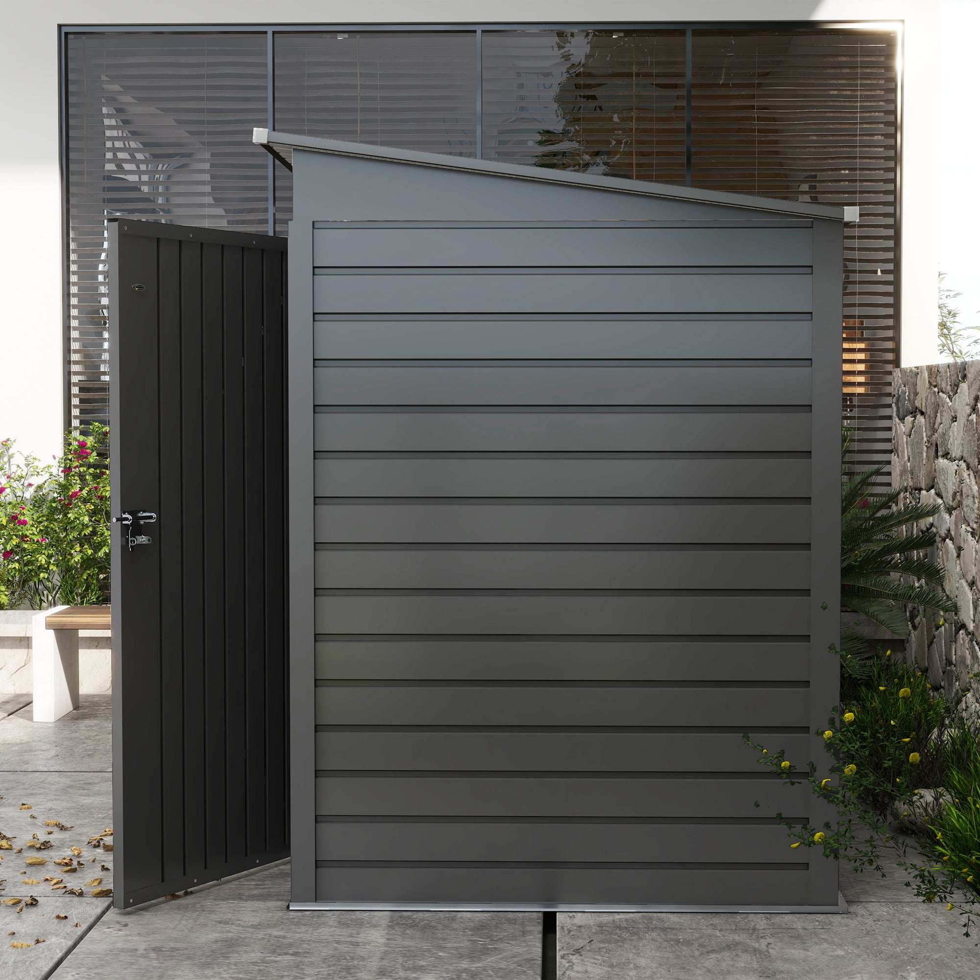Outsunny 6.3 x 4.3FT Garden Shed. Galvanised Metal Shed, Outdoor Tool Storage Shed with Pent Roof, Lockable Door and 2 Vents, Grey - North Peak Garden Furniture