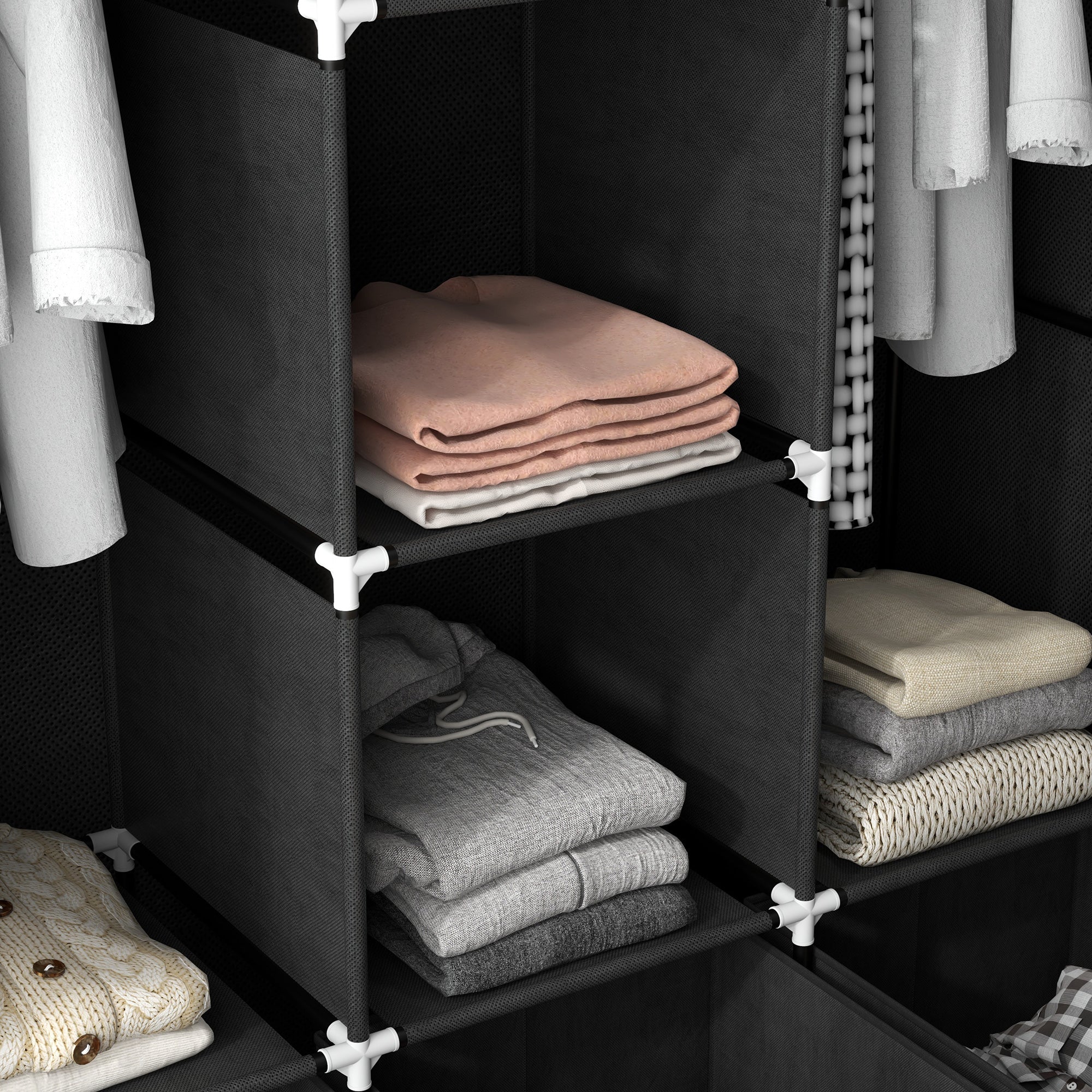 HOMCOM Foldable Fabric Wardrobe for Bedroom, Portable Wardrobe with 5 Shelves, 2 Hanging Rails and 3 Fabric Drawers, Black