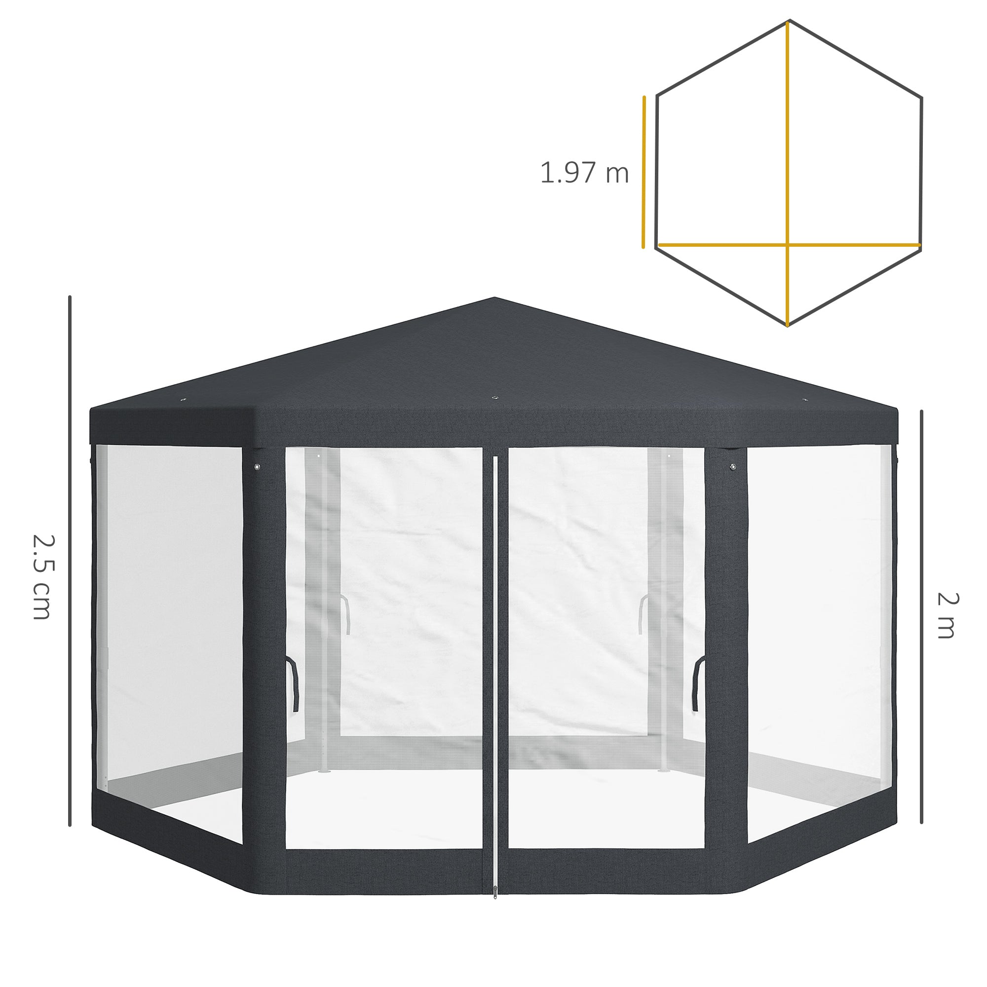 Outsunny 4M Hexagon Gazebo, Netting Party Tent, Patio Canopy Outdoor Event Shelter for Activities, Shade Resistant, Dark Grey - North Peak Garden Furniture