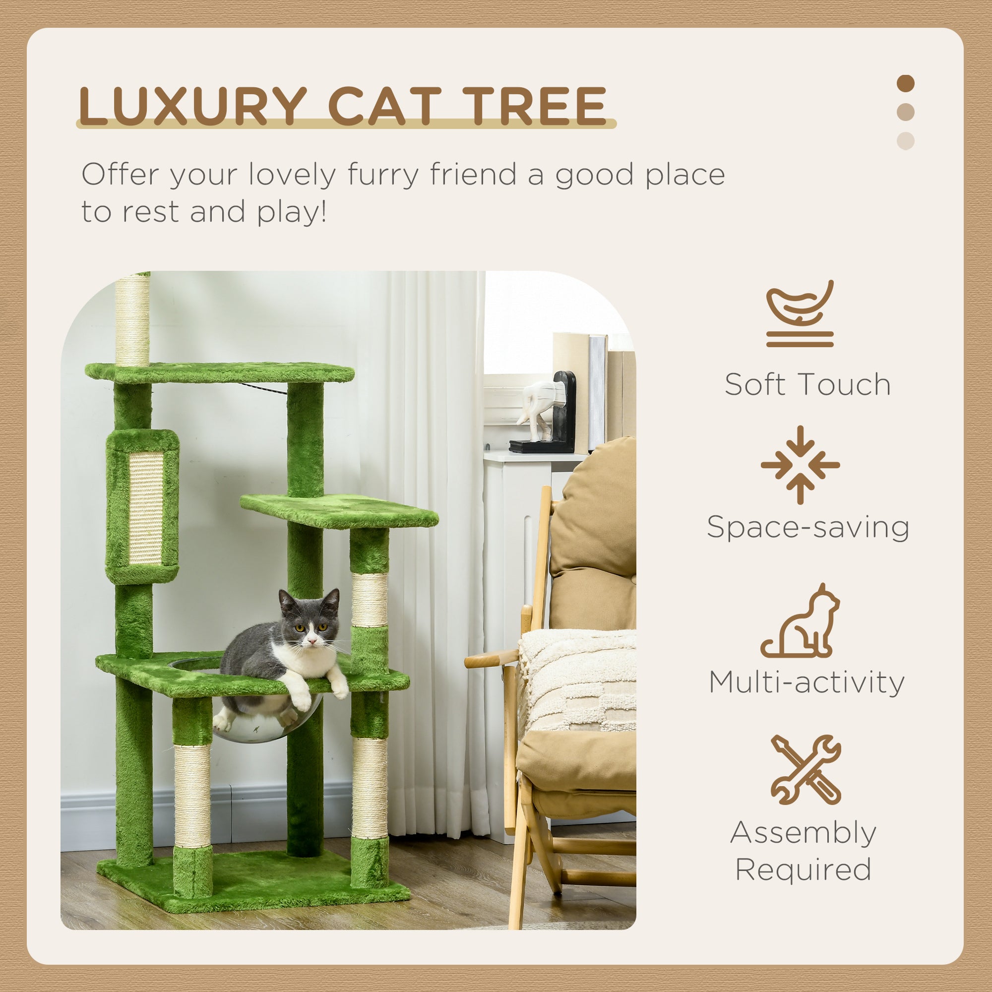 PawHut 142cm Cat Tree Tower, with Scratching Post, Hammock, Toy Ball, Platforms - Green - North Peak Garden Furniture