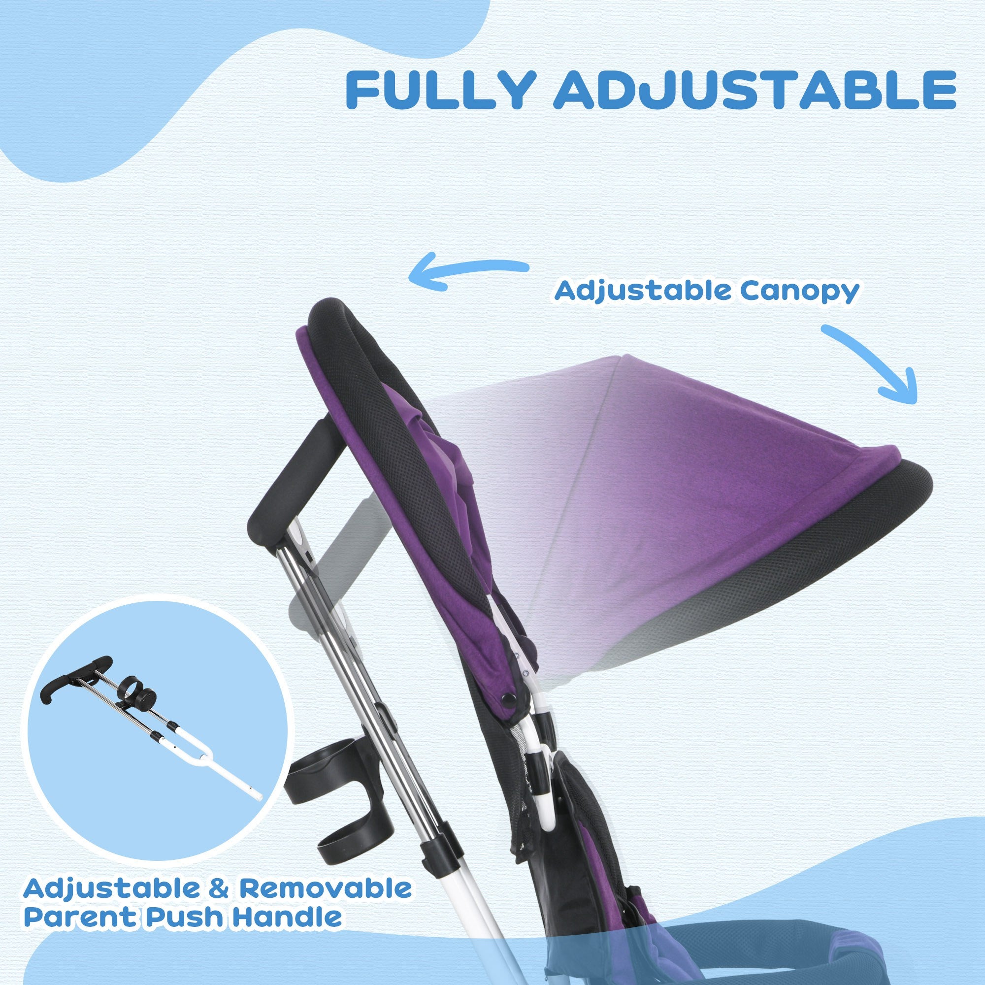 HOMCOM 6 in 1 Kids Trike Push Bike w/ Push Handle, Canopy, 5-point Safety Belt, Storage, Footrest, Brake, for 1-5 Years, Purple - North Peak Garden Furniture