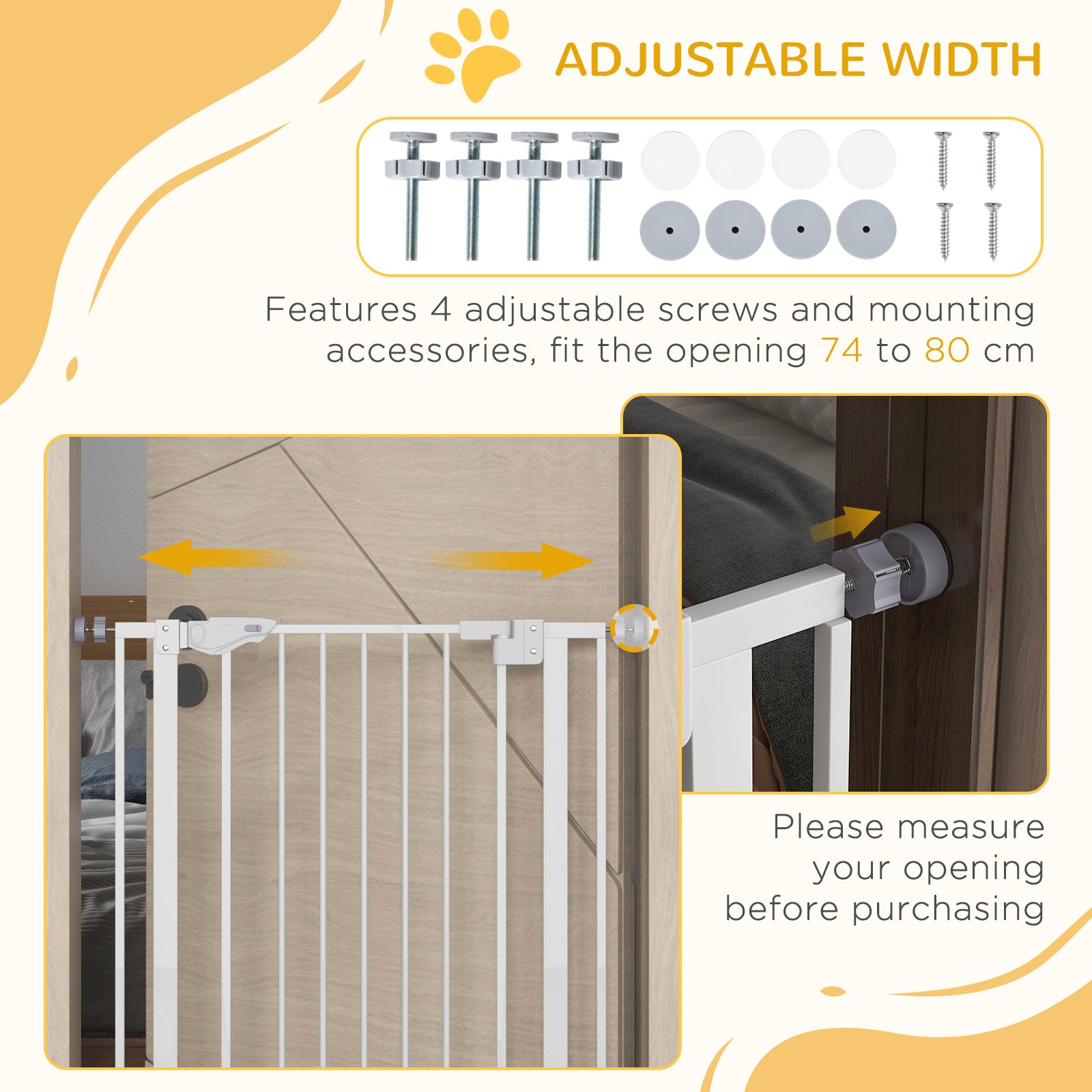 PawHut Extra Tall Pet Gate, Indoor Dog Safety Gate, with Cat Flap, Auto Close, 74-80cm Wide - White