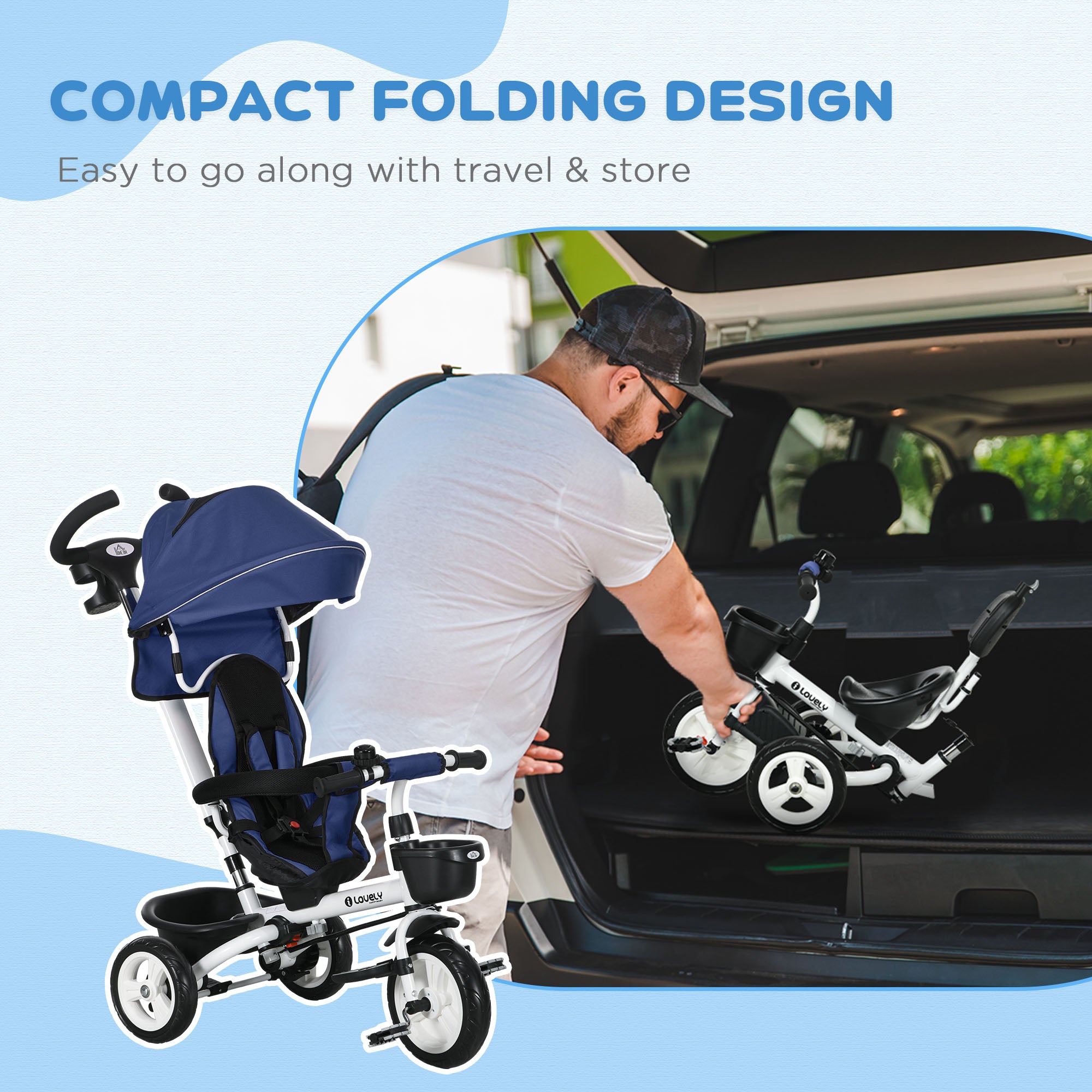 HOMCOM Metal Frame 6 in 1 Baby Push Tricycle with Parent Handle for 1-5 Years Old, Dark Blue - North Peak Garden Furniture