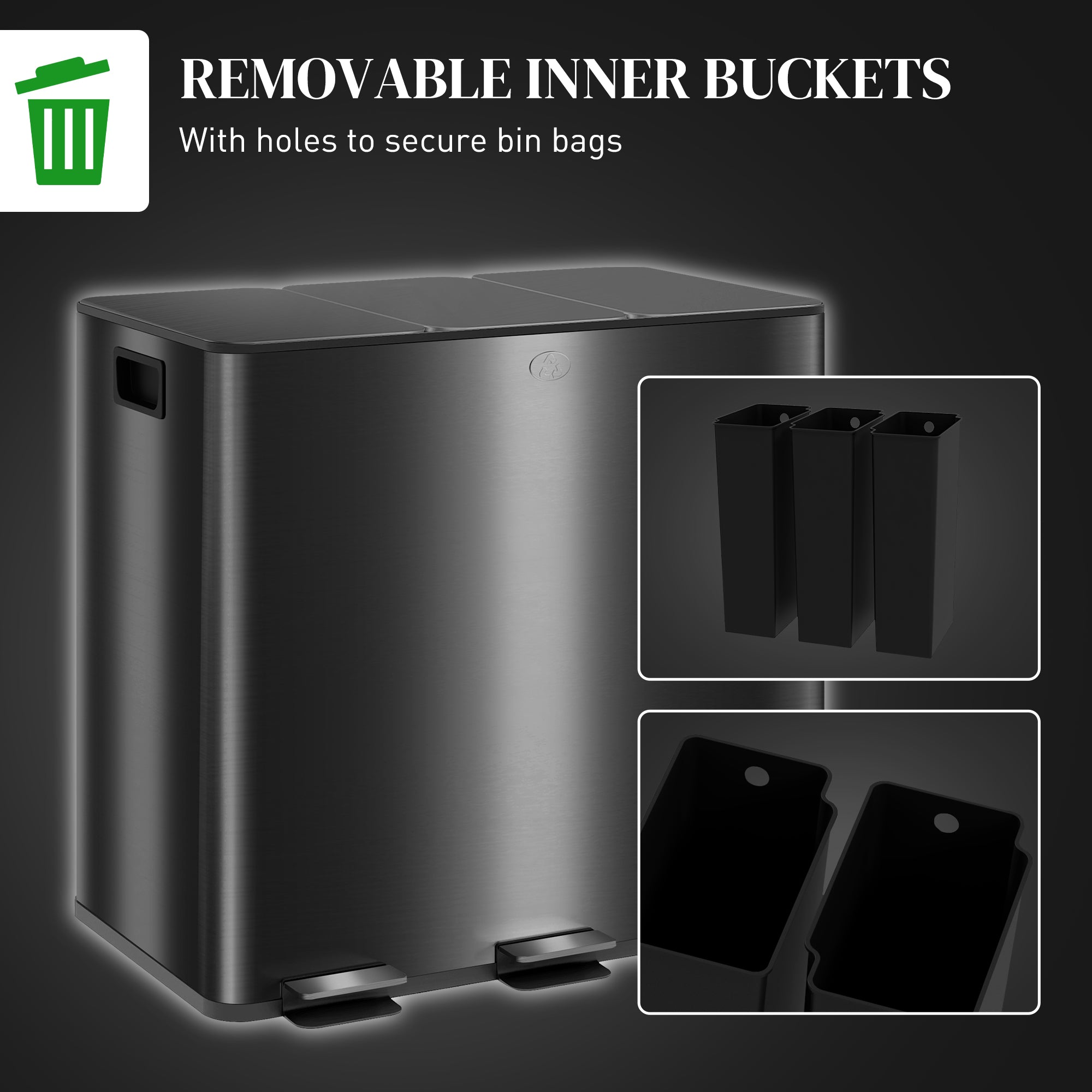 HOMCOM 3 x 15L Pedal Bin, Steel Triple Kitchen Bin with Soft Close Lid, Removable Inner Buckets, Fingerprint-Proof, Black - North Peak Garden Furniture