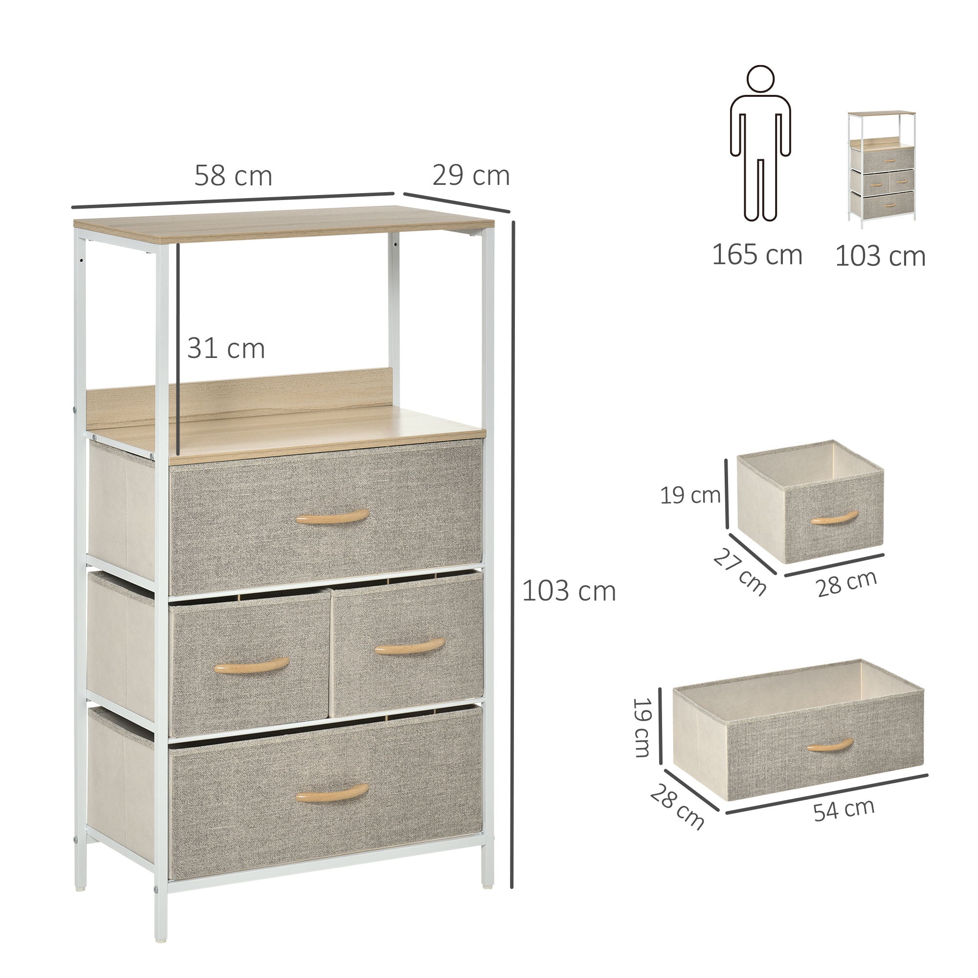 HOMCOM 4 Drawer Storage Chest Unit Home Cabinet w/ Shelves Home Living Room Bedroom Entryway Living Furniture, Light Grey - North Peak Garden Furniture