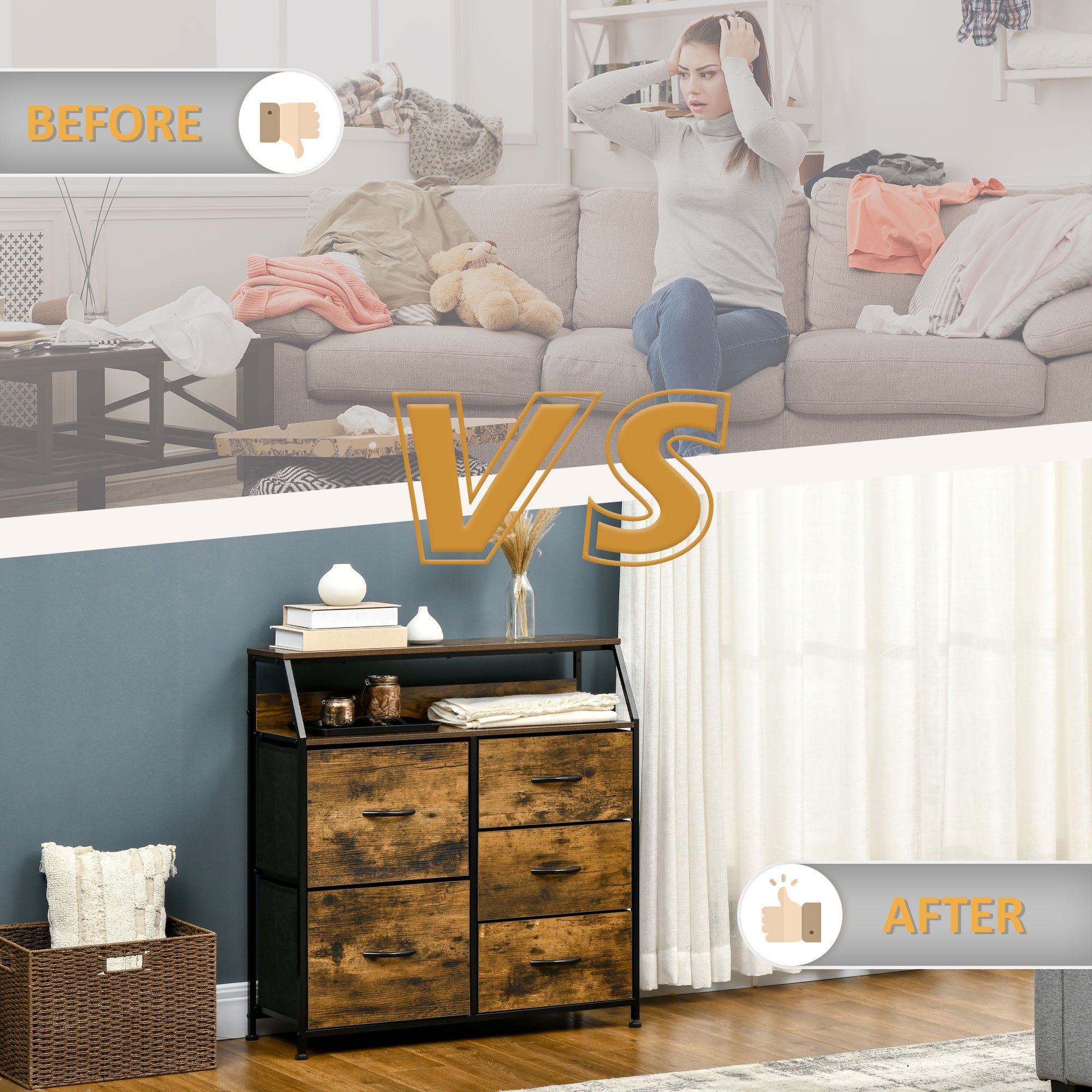 HOMCOM Bedroom Chest of Drawers, Industrial 5 Fabric Drawer Dresser with Open Shelf for Living Room, Rustic Brown - North Peak Garden Furniture