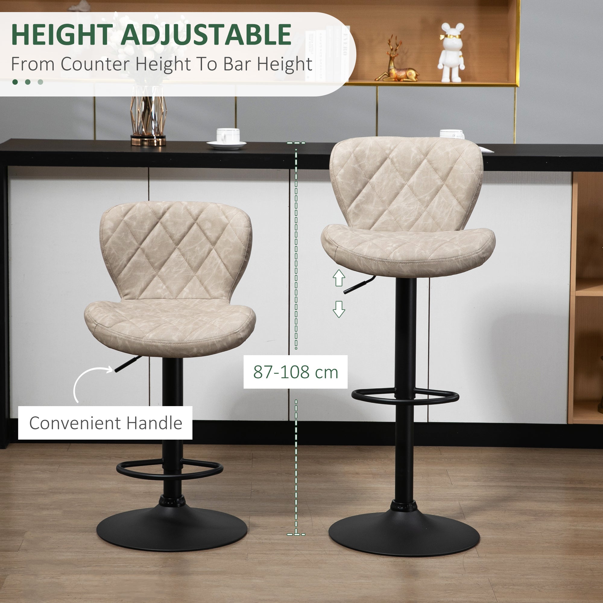 HOMCOM Bar Stools, Set of 2 Breakfast Bar Chairs, Swivel Barstools with Backrest and Footrest, Steel Frame Diamond Pattern PU, for Kitchen Counter, Dining Room, Light Khaki - North Peak Garden Furniture