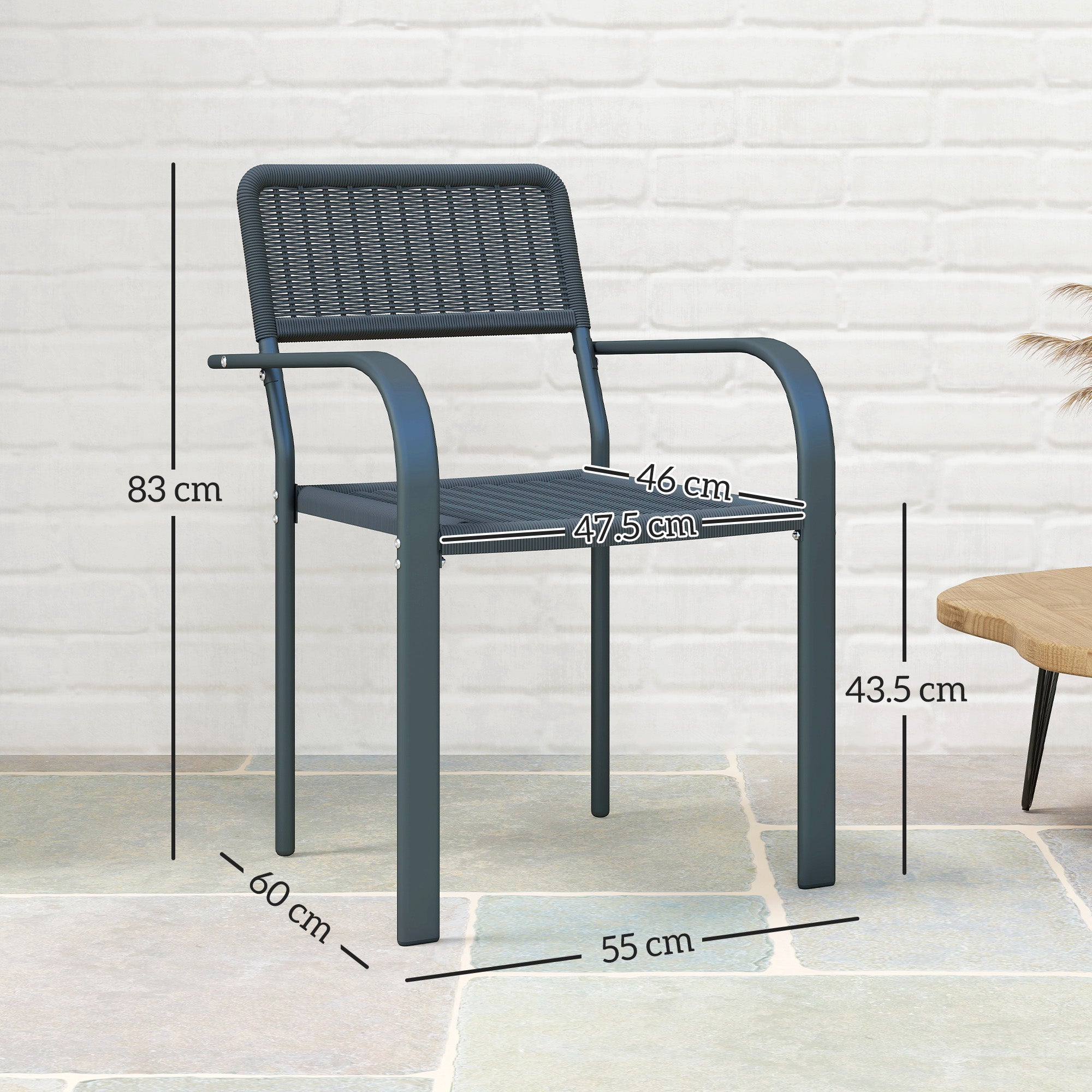 Outsunny Garden Chairs Set of 4, Stackable Rattan Effect Dining Chairs with Armrest, Weather Resistant and Lightweight Outdoor Furniture Armchairs for Patio, Balcony, Terrace, Dark Grey - North Peak Garden Furniture