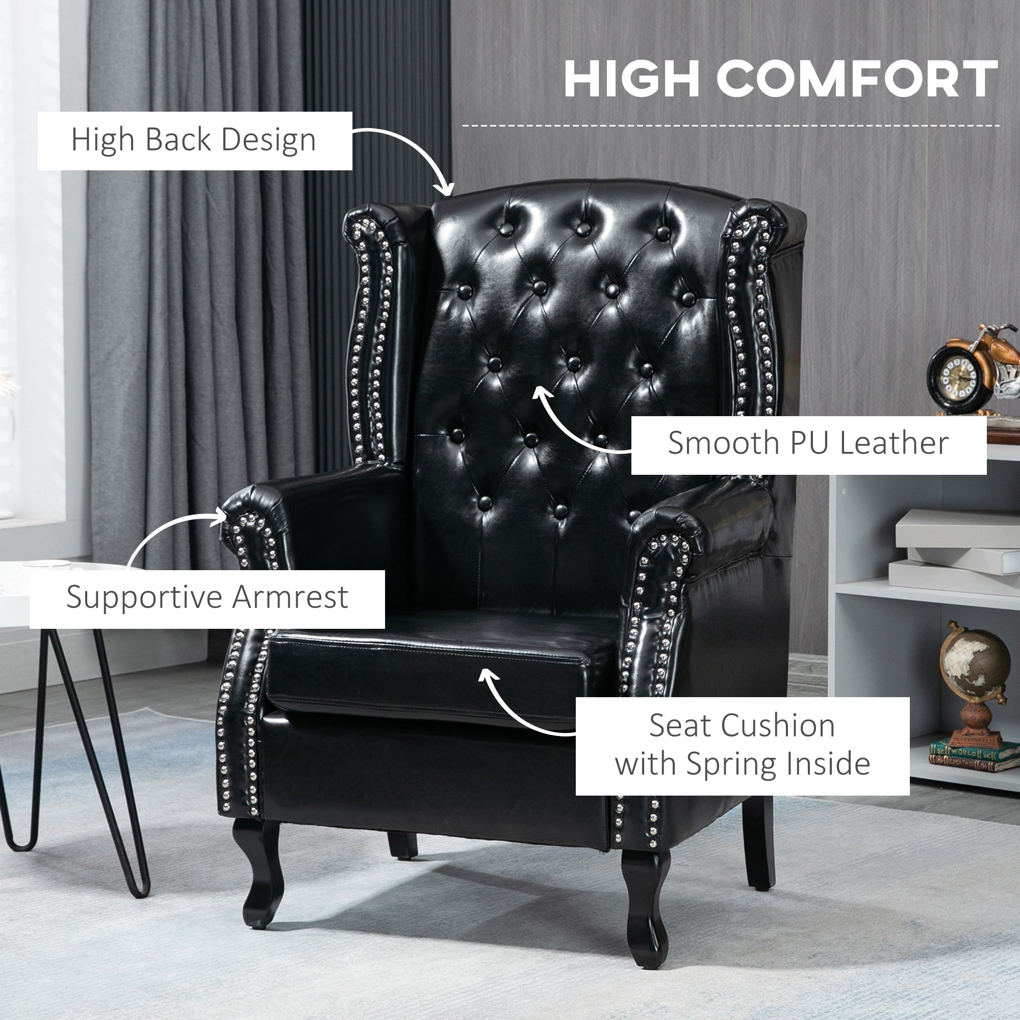 HOMCOM Wingback Accent Chair Tufted Chesterfield-style Armchair with Nail Head Trim for Living Room Bedroom Black - North Peak Garden Furniture