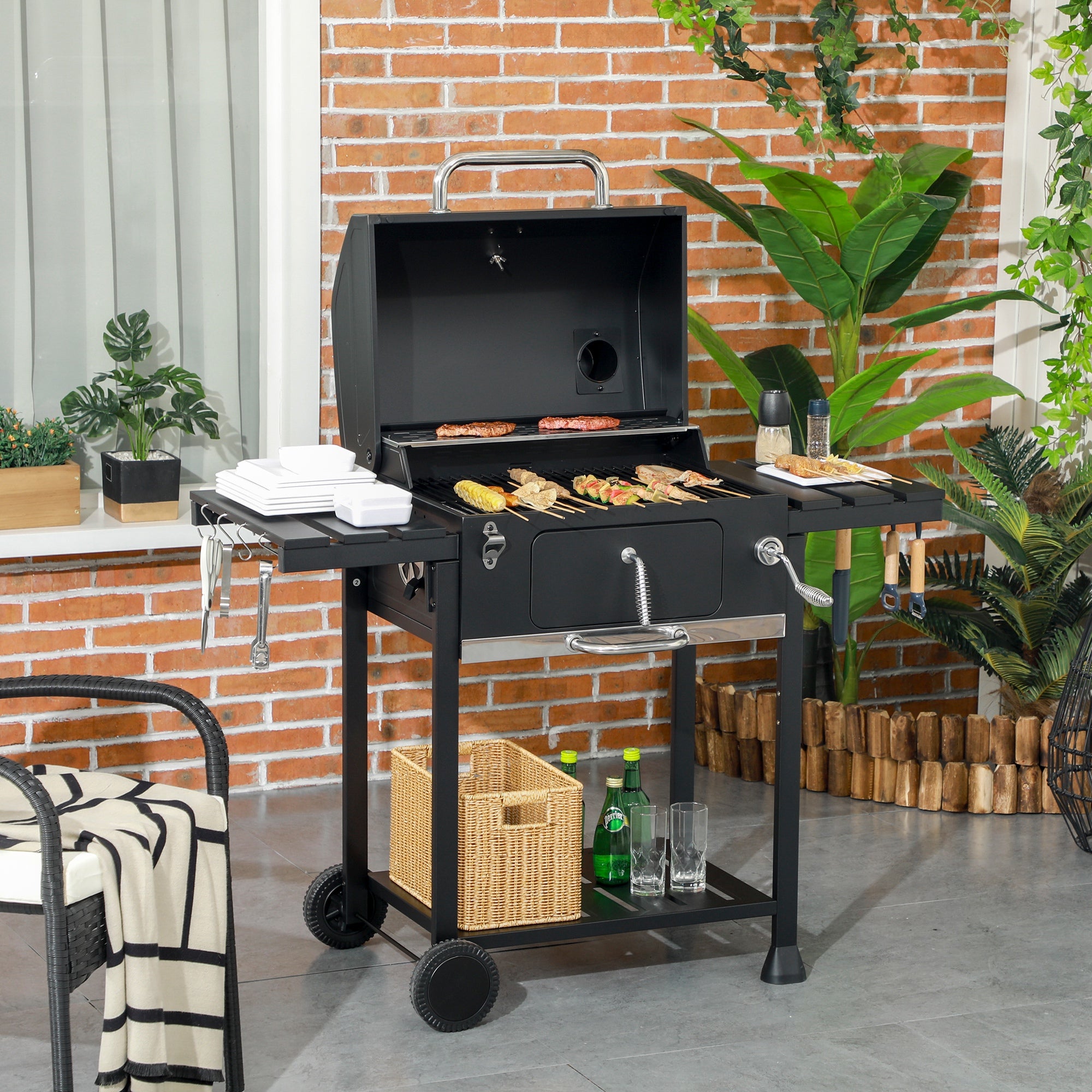 Outsunny Outddor Portable Charcoal BBQ Wide 120cm, with Pull-out Ash Catcher Side Hooks & Bottle Opener, Side & Bottom Shelves | Aosom UK