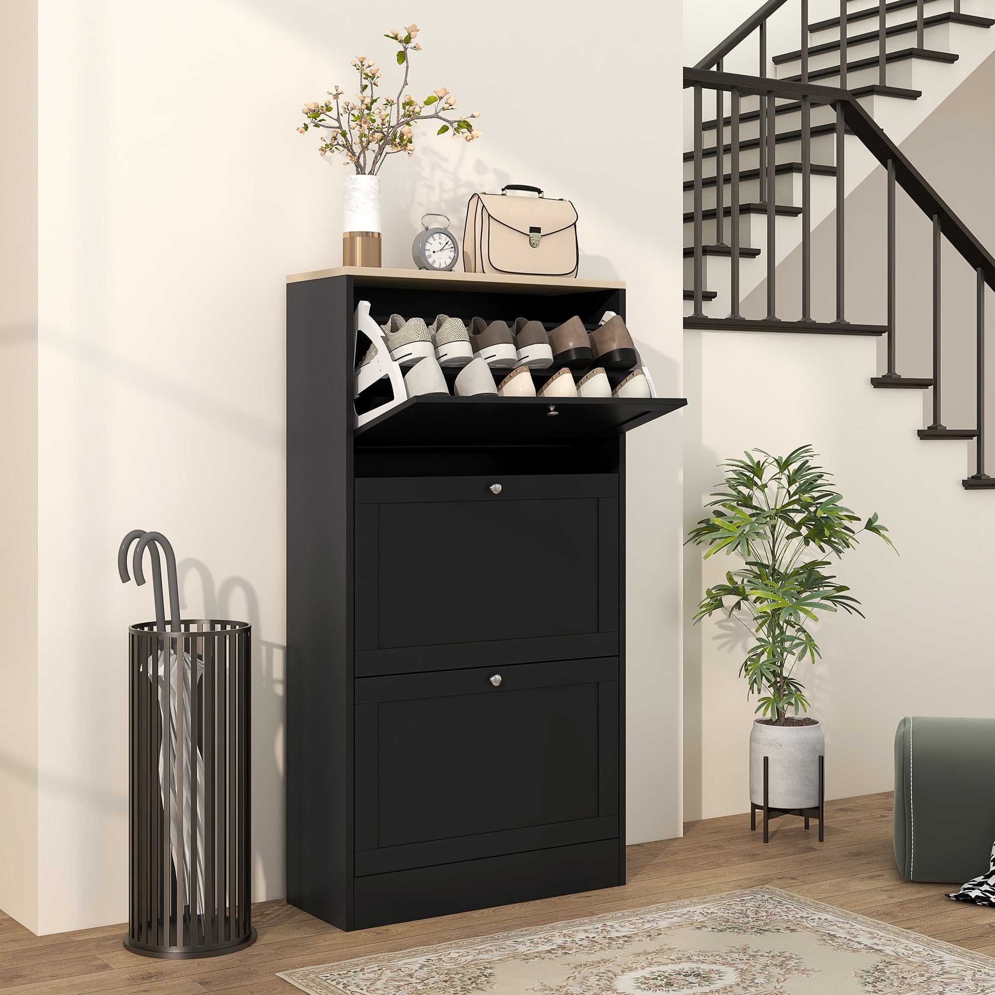 HOMCOM Modern Compact Three-Drawer Shoe Storage Cabinet - Black - North Peak Garden Furniture