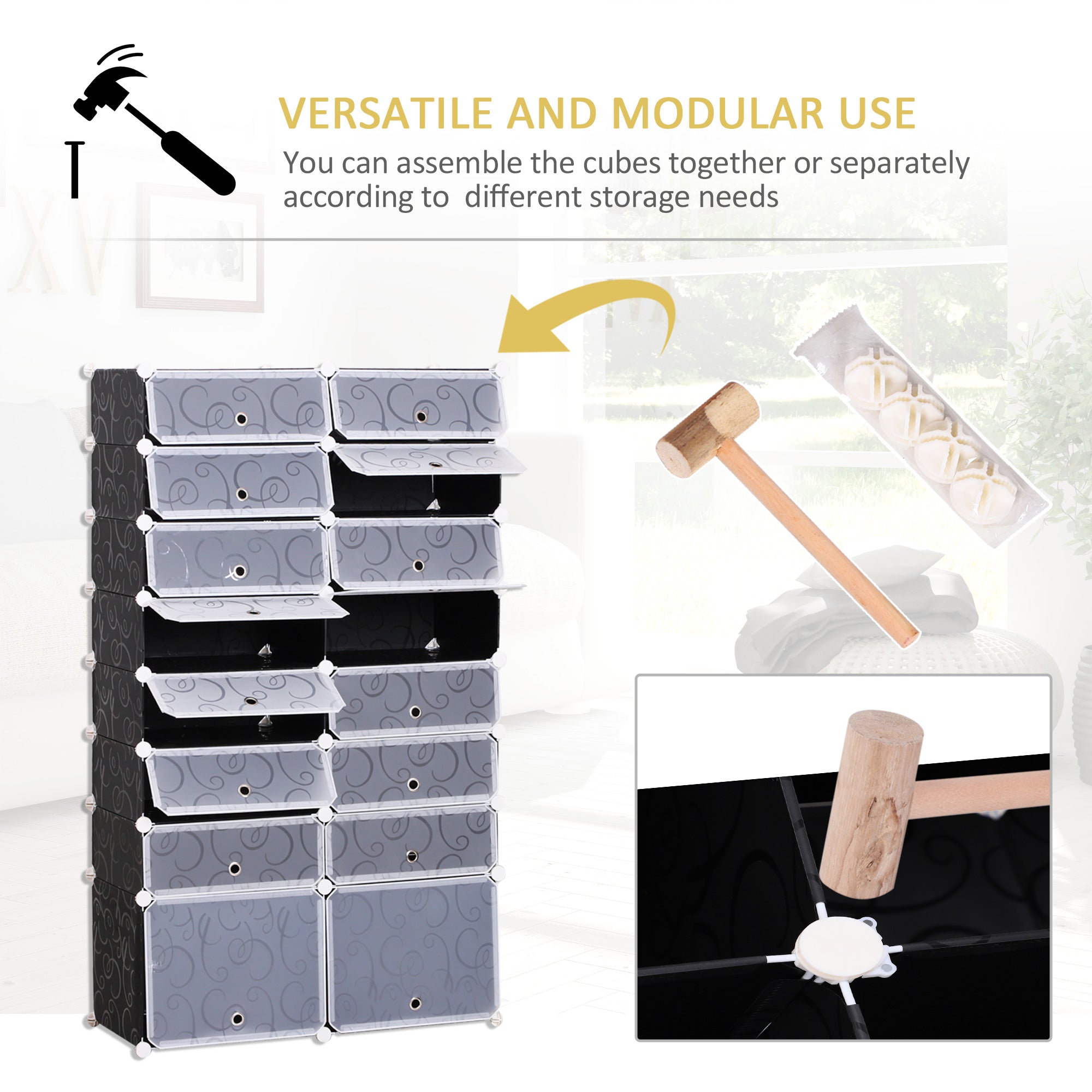 HOMCOM 16 Cube Shoe Rack, 2 x 8 Tier Shoe Storage Cabinet, Modular Plastic Shelves for Bedroom, Living Room and Entryway, Space Saving Footwear Organizer, 32 Pairs, White and Black - North Peak Garden Furniture