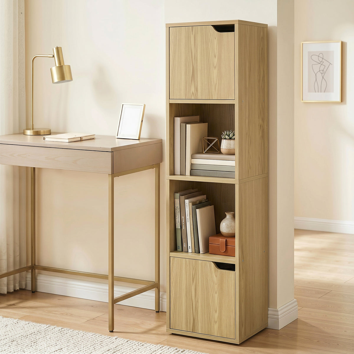 HOMCOM Narrow Bookcase, 4-Tier Bookshelf, Storage Cabinet with doors for Living Room, Bedroom, Oak