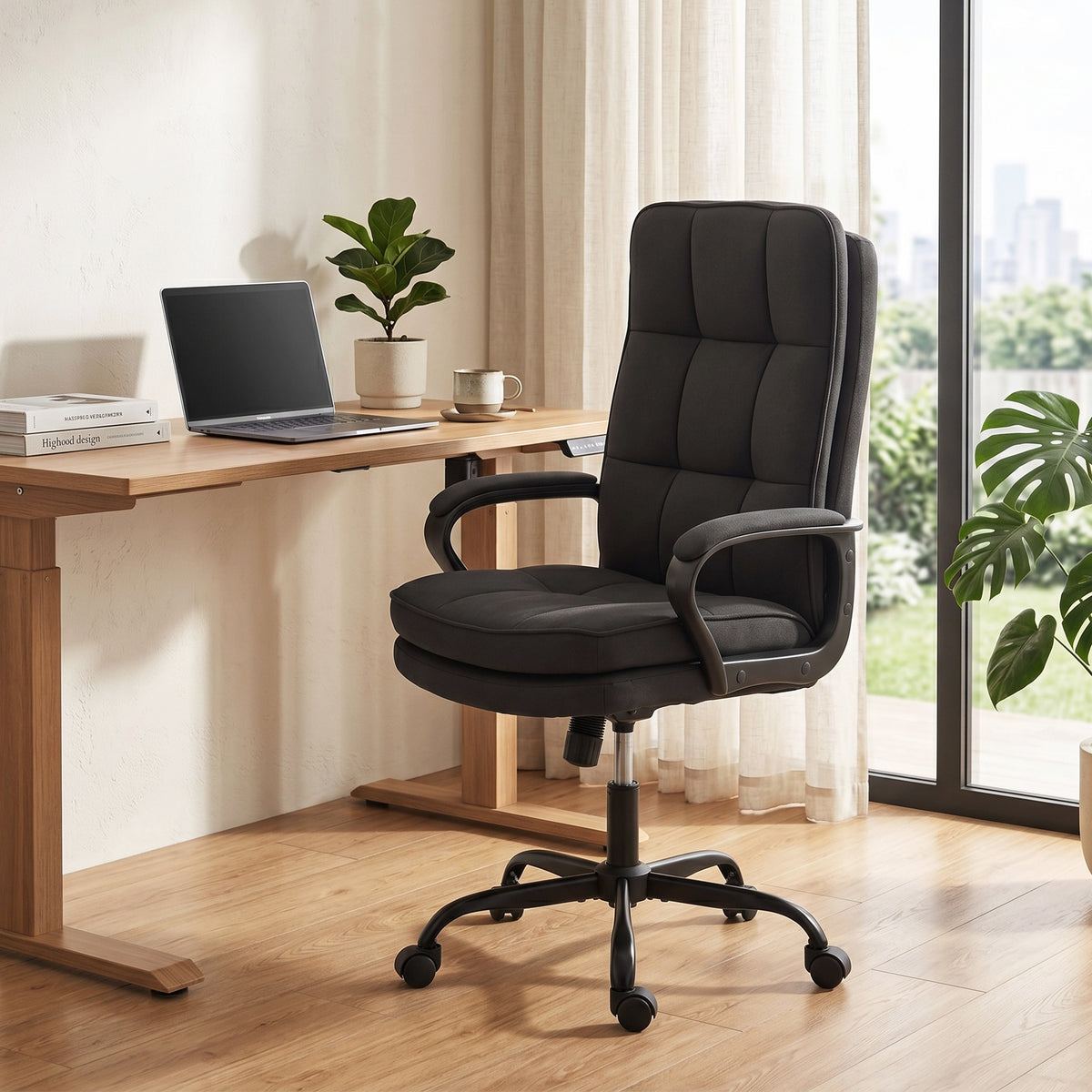 HOMCOM Double Padded Linen-Look Office Chair - Black