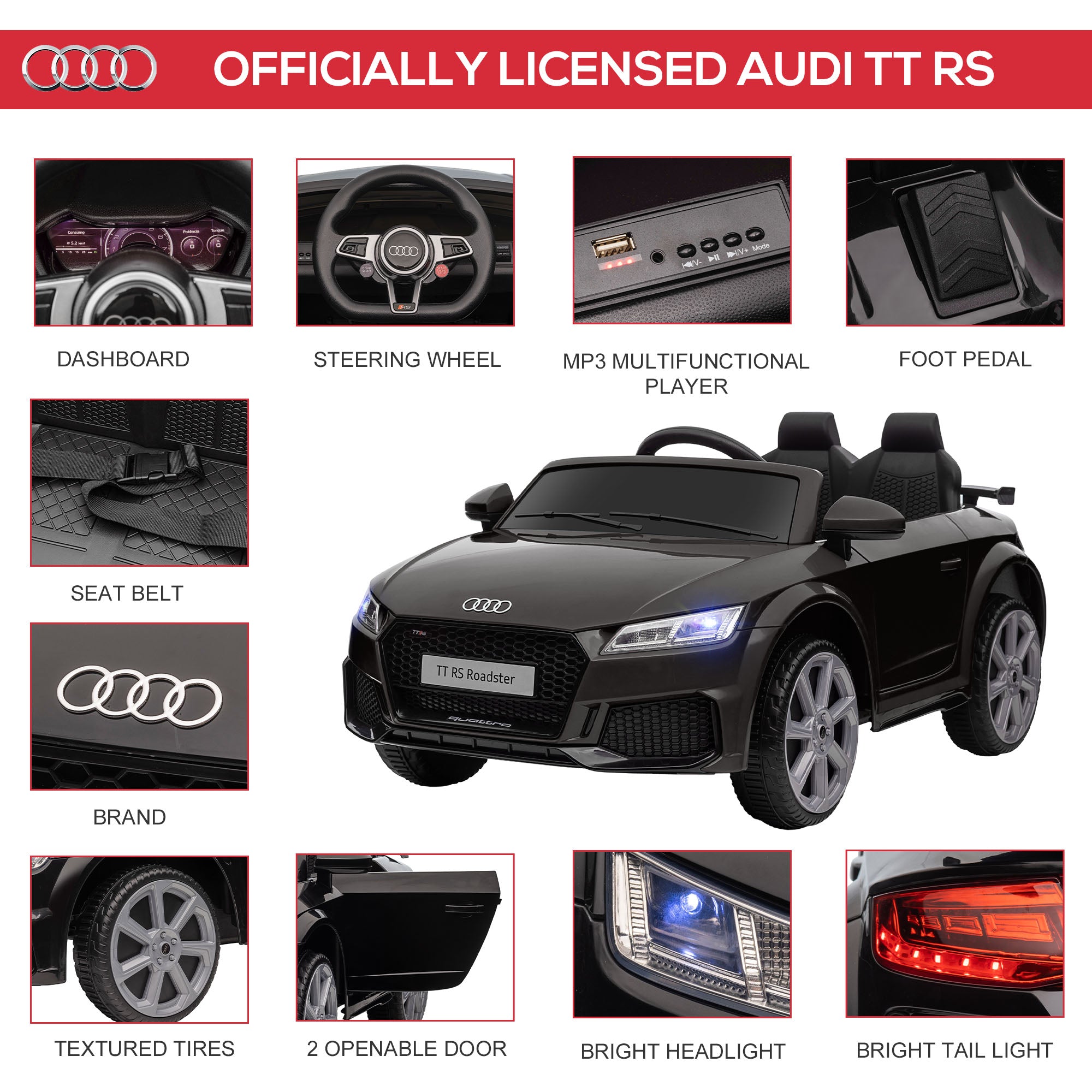 HOMCOM Kids Licensed Audi TT Ride-On Car 12V Battery w/ Remote Suspension Headlights and MP3 Player 2.5-5km/h Black